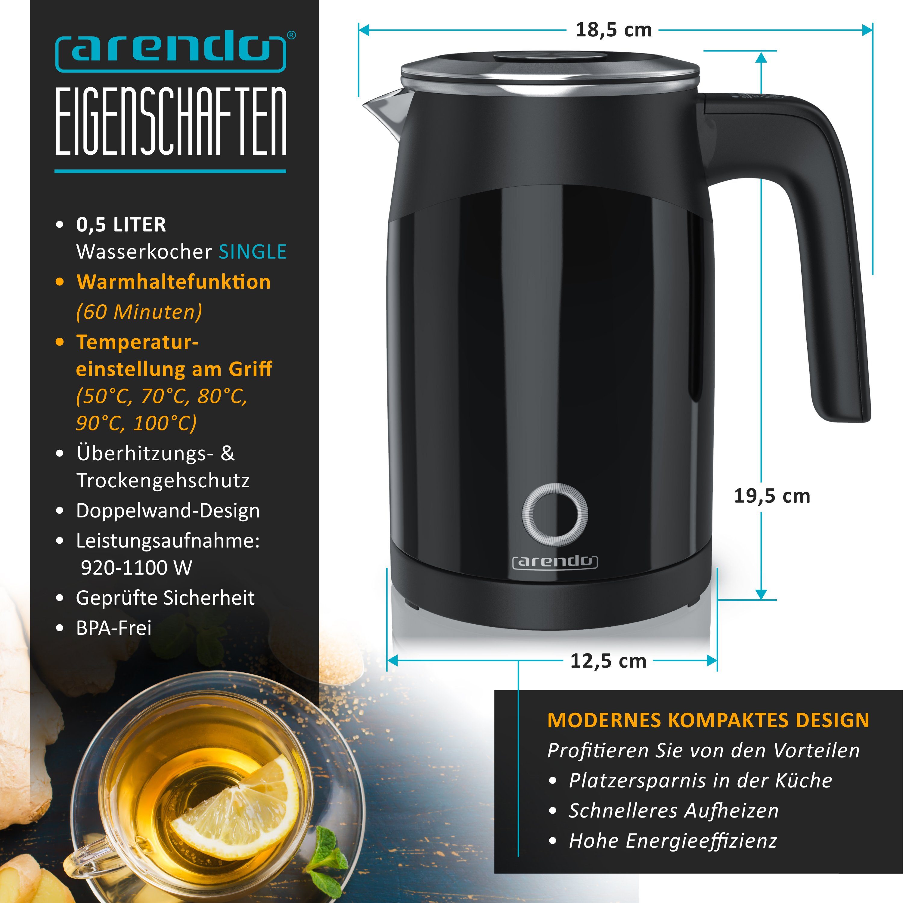 Arendo Wasserkocher Edelstahl Mini Teekocher, Temperatureinstellung & Überhitzungsschutz, 0,5 l, 1100 W, Single Wasserkocher / Reisewasserkocher, energiesparend