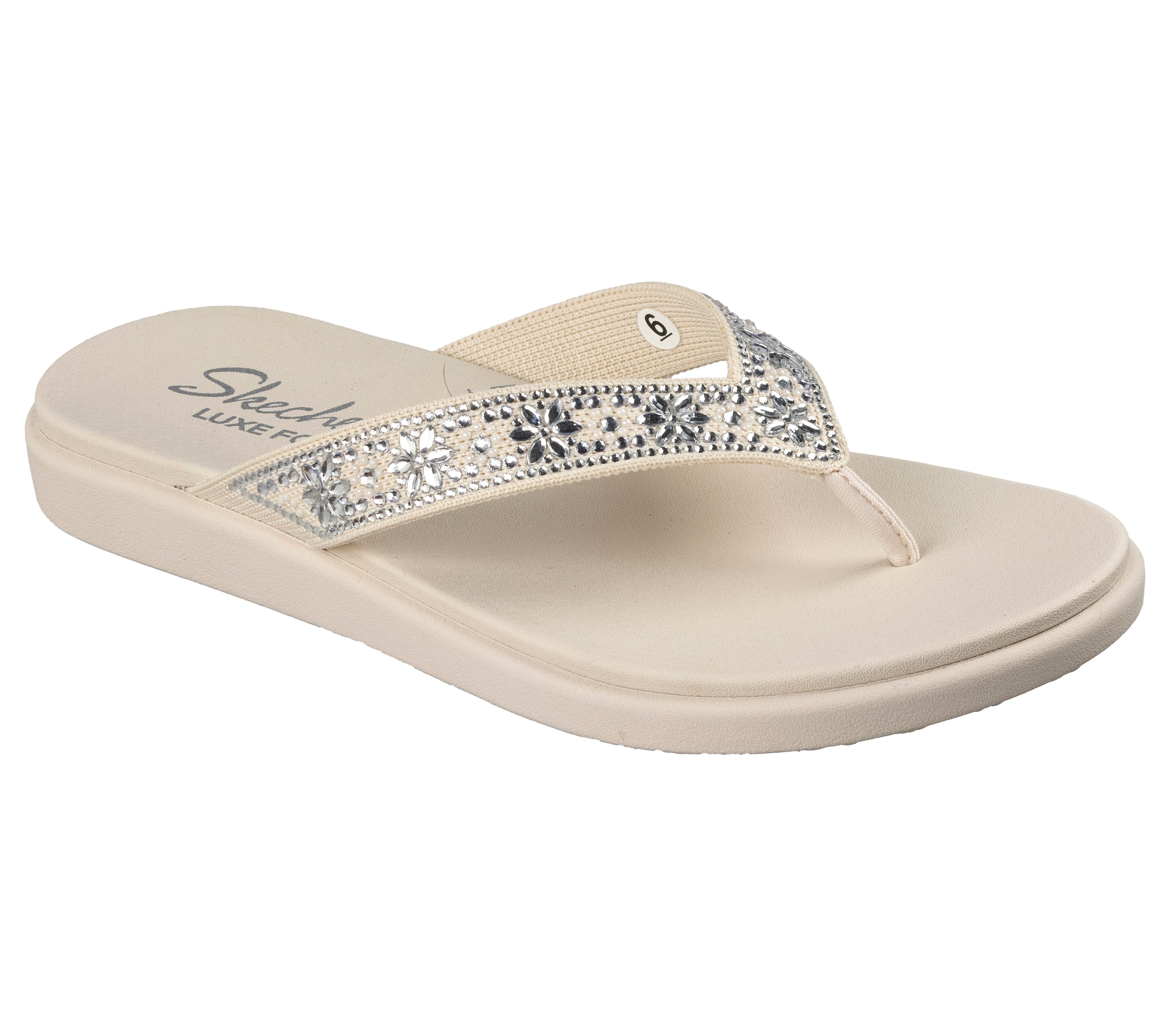 Skechers MEDITATION LUXE Zehentrenner Sommerschuh, Strandschuh, Urlaubsschuh mit Glitzersteine
