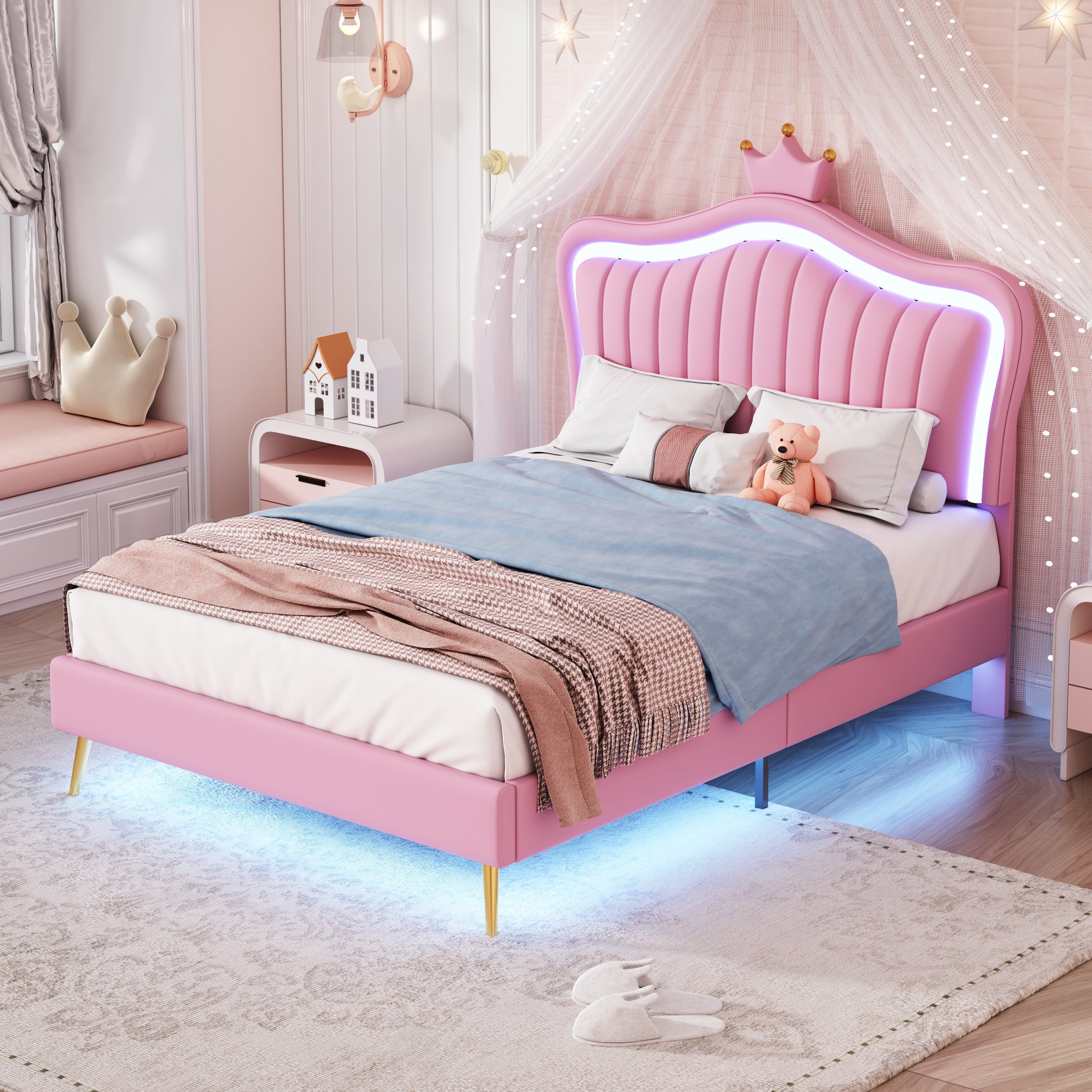 BlingBin Kinderbett Polsterbett (1-tlg., Bettgestell für Mädchen, PU-Leder), LED-Leuchten, Lattenrost, Verstellbares Kopfteil, 90 x 200 cm