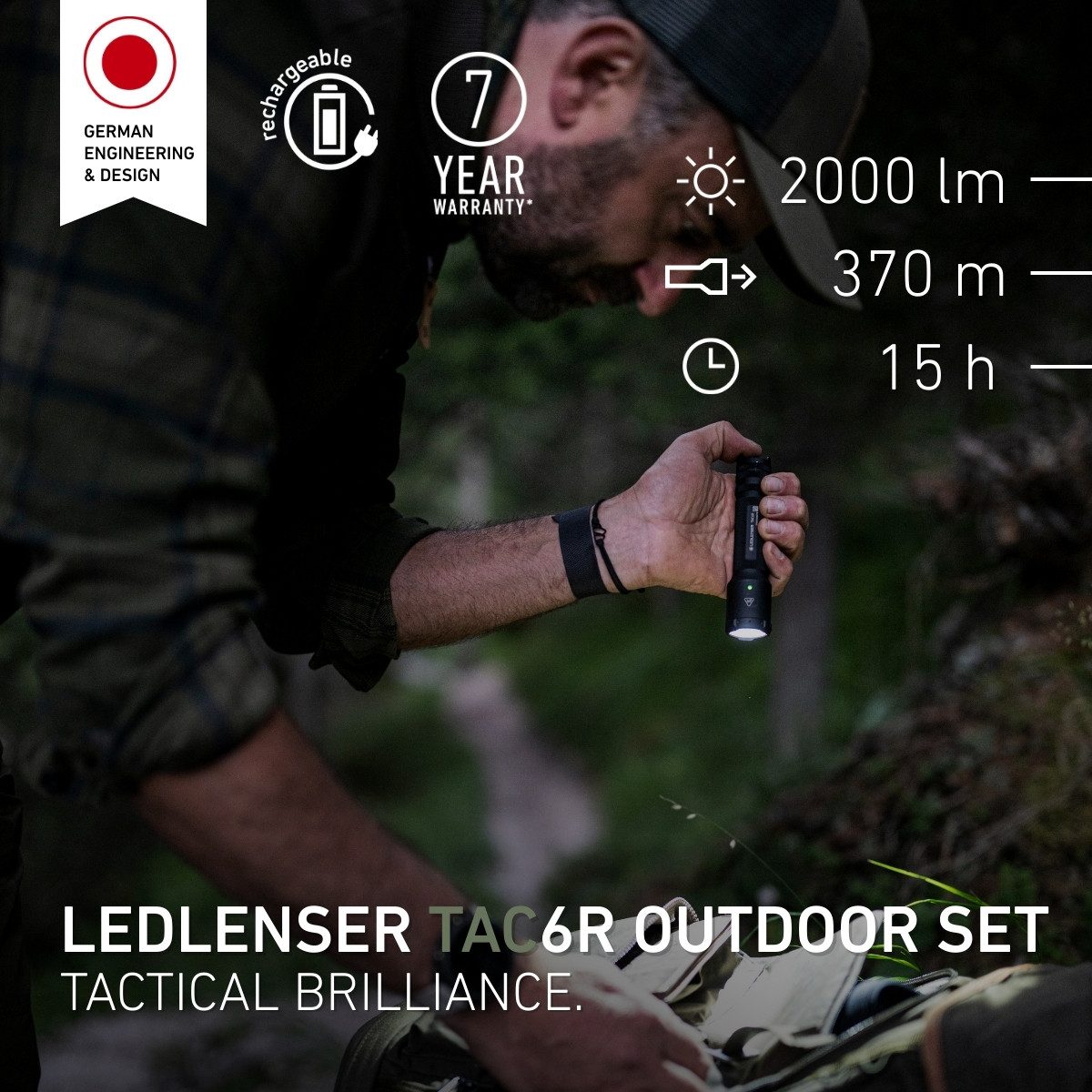 Ledlenser Taschenlampe TAC6R Outdoor Set, bis 2000 Lumen, 370m Leuchtweite, 15h Laufzeit, mit 9-tlg. Zubehör Set