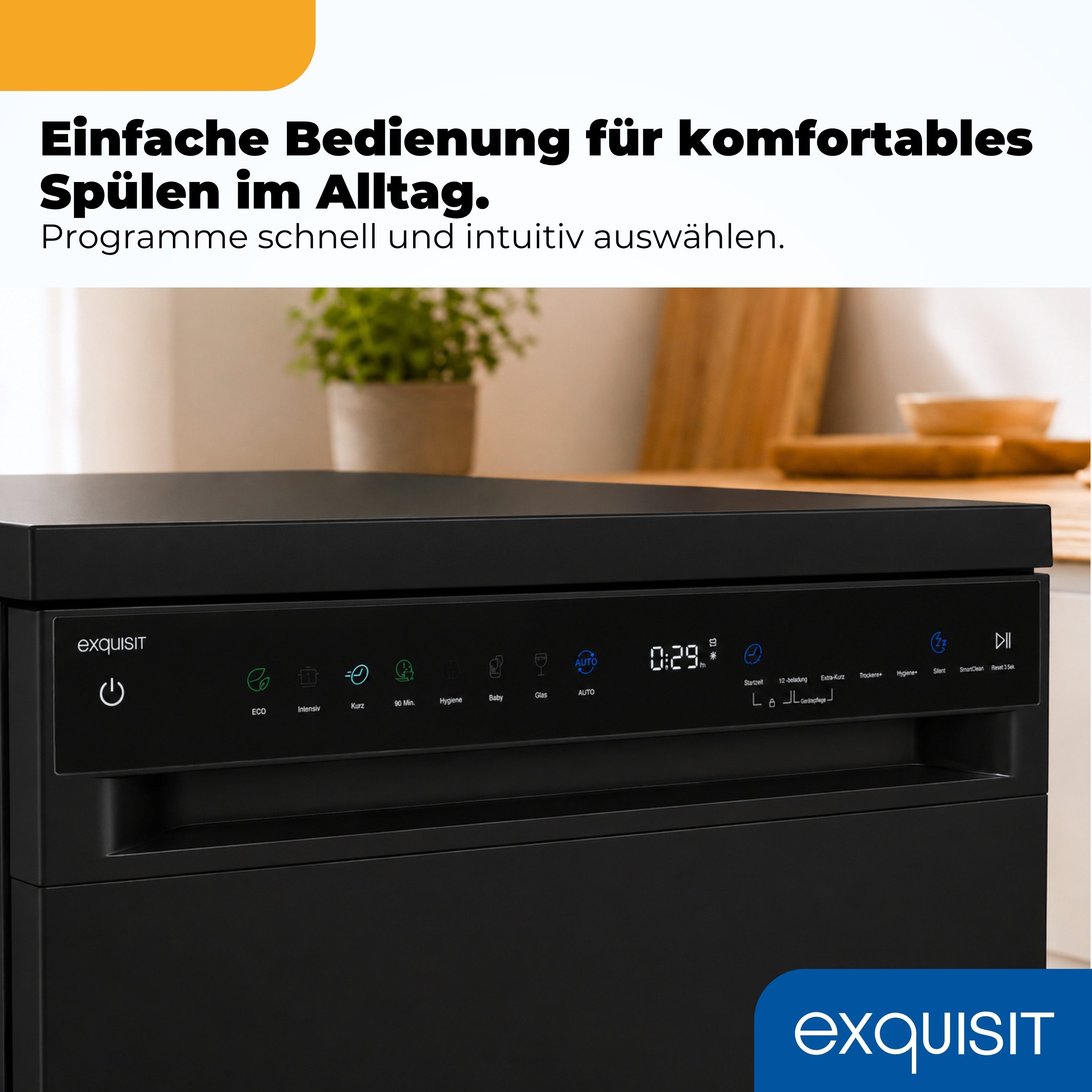 exquisit Standgeschirrspüler GSP9316-450C schwarz, 10,9 l, 16 Maßgedecke, 16 Maßgedecke, LED, Besteckschublade, Auto Door Open, AquaStop – Bild 5 von 5