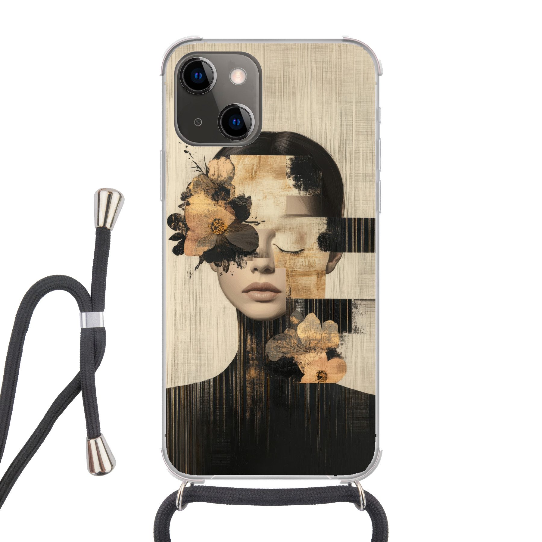 MuchoWow Handyhülle für Apple iPhone 13 Gesicht - Blumen - Schwarz - Frau, Tragbare Handyhüllen mit Kette zum umhängen, Handykette Handyband