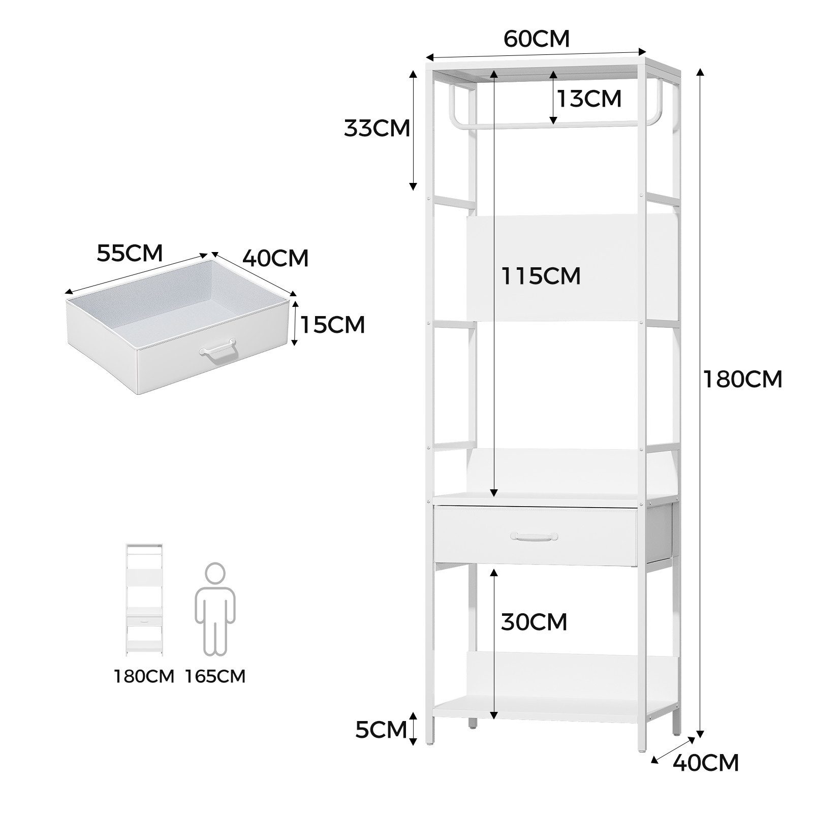 VOWNER Garderobenständer mit Sitzbank, Schublade & Kleiderstange, schmaler Flurgarderobe, (1 St), moderner Kleiderständer mit 1 Schublade & stabiles Schuhregal