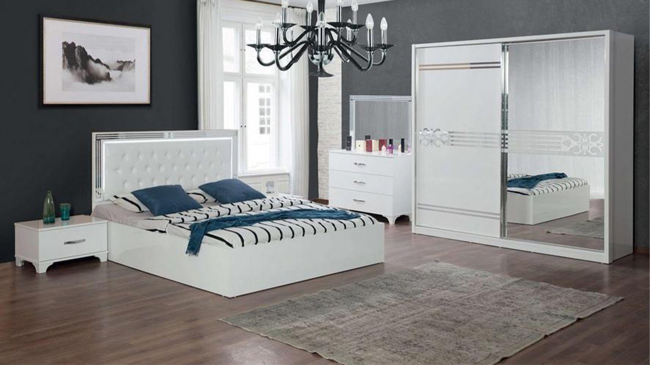 JVmoebel Schlafzimmer-Set Komplettes Schlafzimmer Set Bett + 2x Nachttische Kleiderschrank 5tlg, Made In Europe