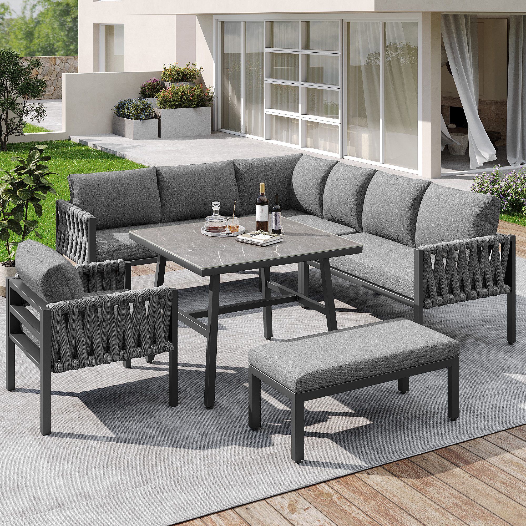 HAUSS SPOLE Sofa Gartenmöbelset mit verstellbare Beine, Ecksofa, Tisch, Kissen, Grau, Modernes Gartenmöbelset mit Seilgeflecht – Verstellbare Beine, Tischplatte aus gehärtetem Glas, Langlebig und UV-beständig, Ergonomisches Ecksofa & Einzelsofa., mit Relaxfunktion