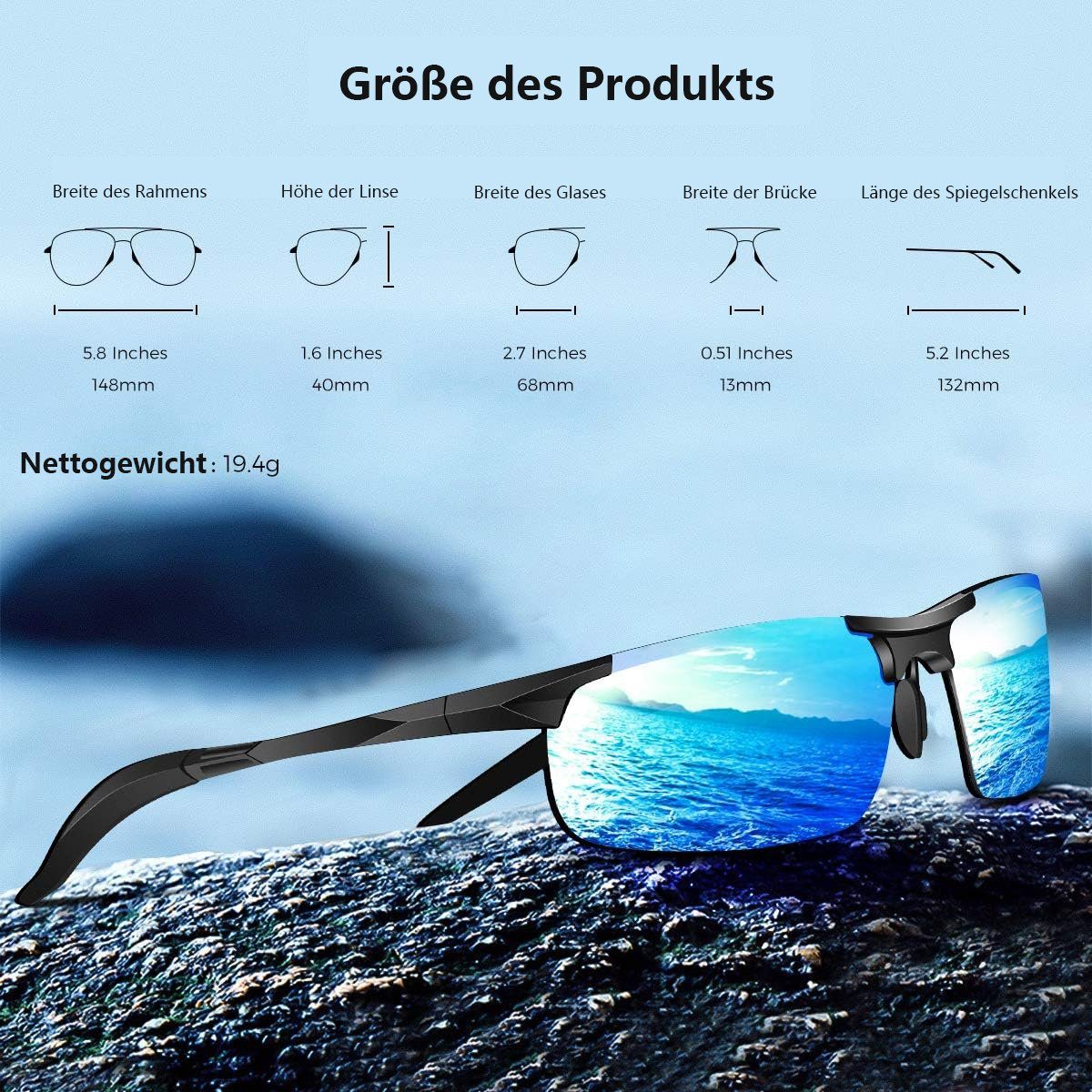 Sonnenbrille Herren Polarisiert Sonnenbrille Metallrahmen UV400 Sportbrille Jormftte Blau
