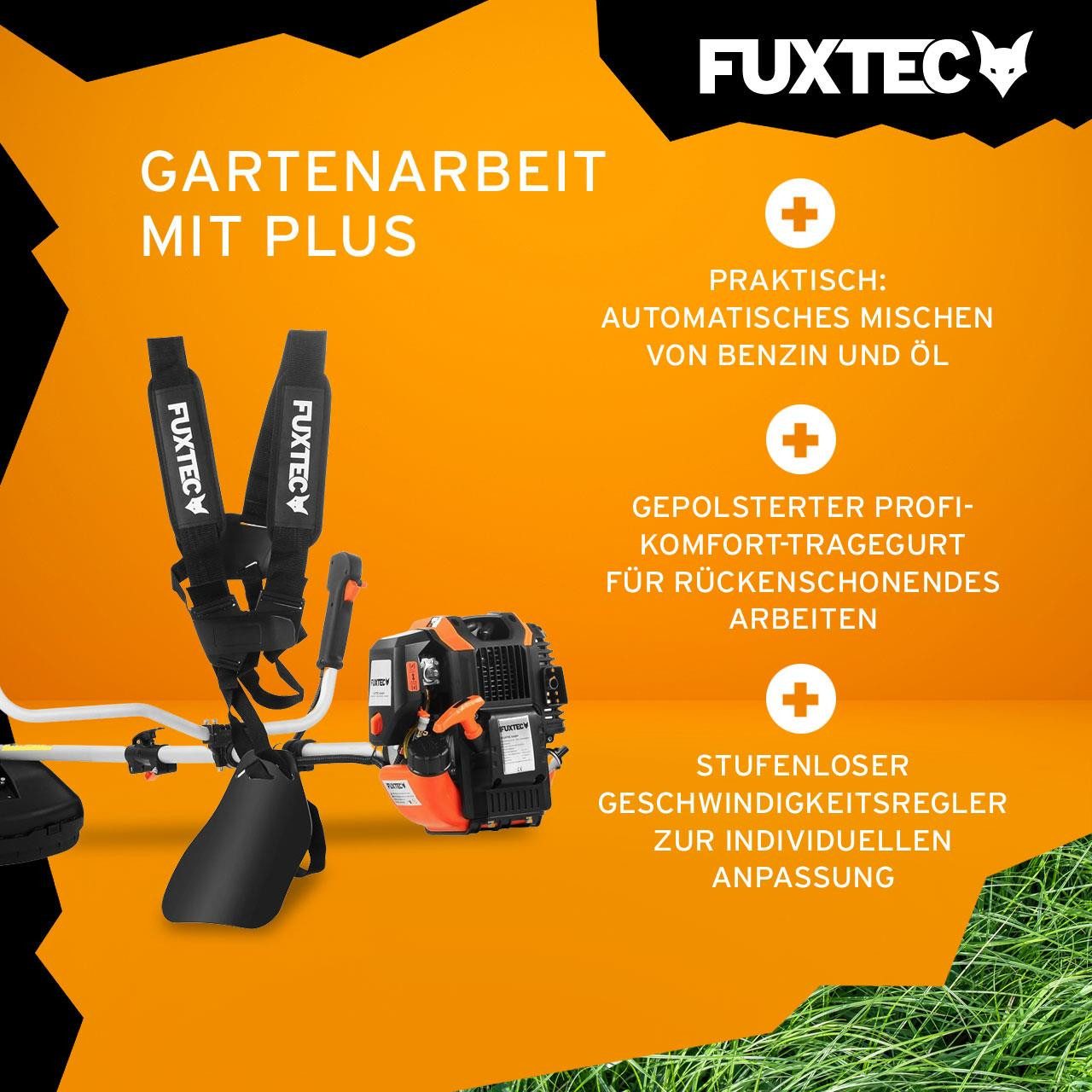 FUXTEC Benzin-Motorsense FX-4MS142, 32 cm Arbeitsbreite Messer, 4-Takt Motor mit 42,5 cm³, 3-Zahn-Metallblatt, 440 mm Fadendurchmesser