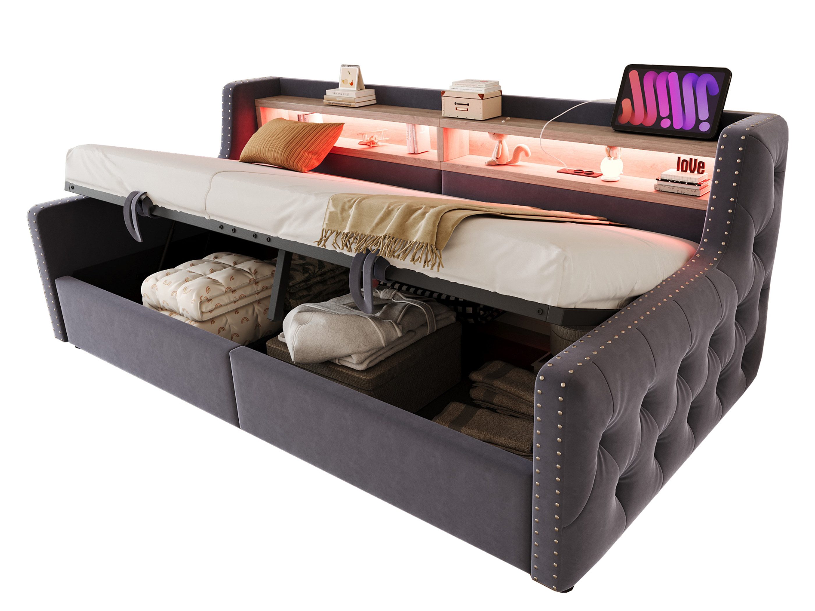 SeedWave Daybett Polsterbett mit Stauraum, mit Samt, LED-Licht & Ladefunktion, 90×200cm, Tagesbett inkl. Hydraulischer Bettkasten, seitliche Regalen