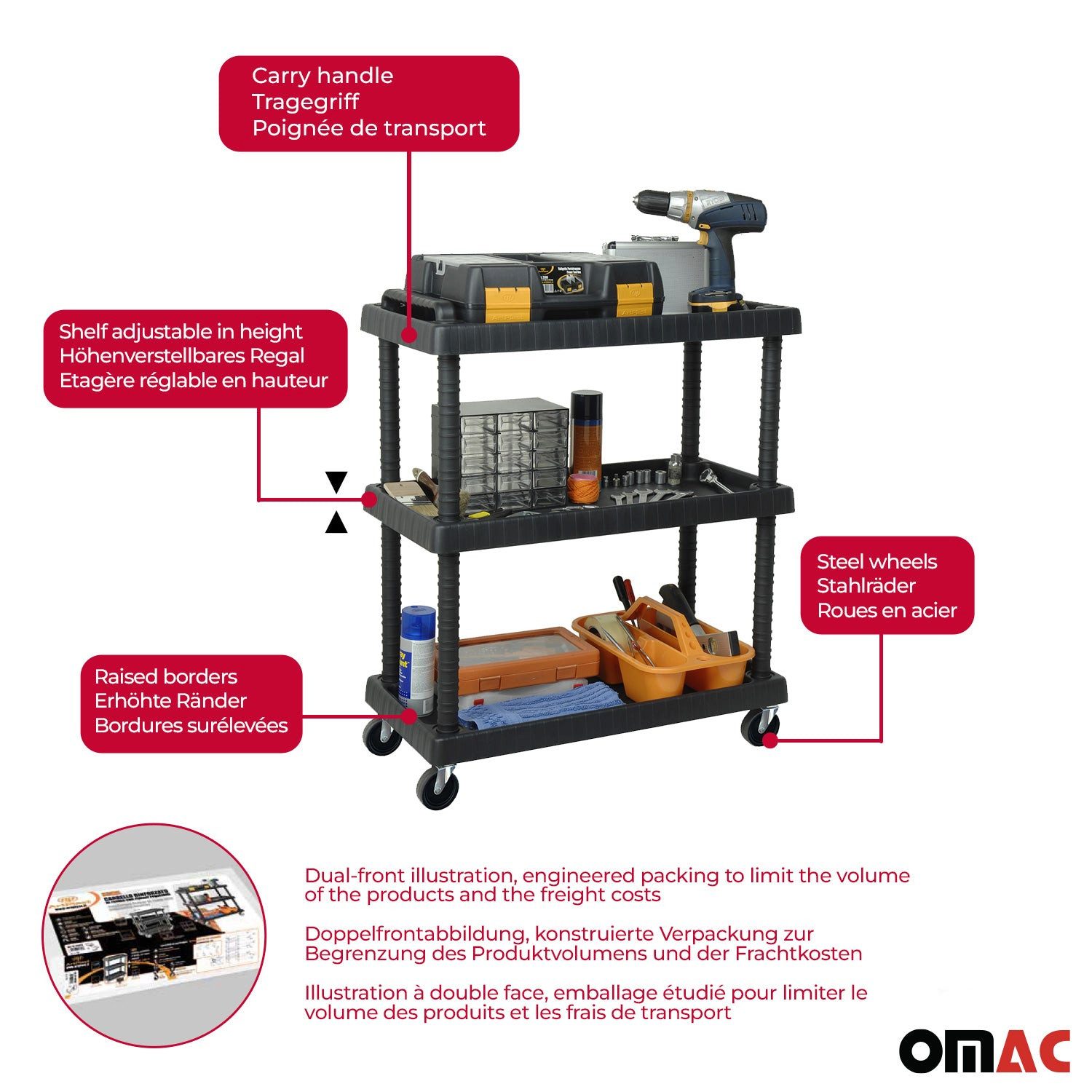 OMAC Werkstattwagen Rollwagen 3 Etagen Rollen Trolley Werkstattwagen Schwarz 40 kg, (1-tlg), Verstellbar I Langlebig I Einfacher Einbau und schnelles Abnehmen