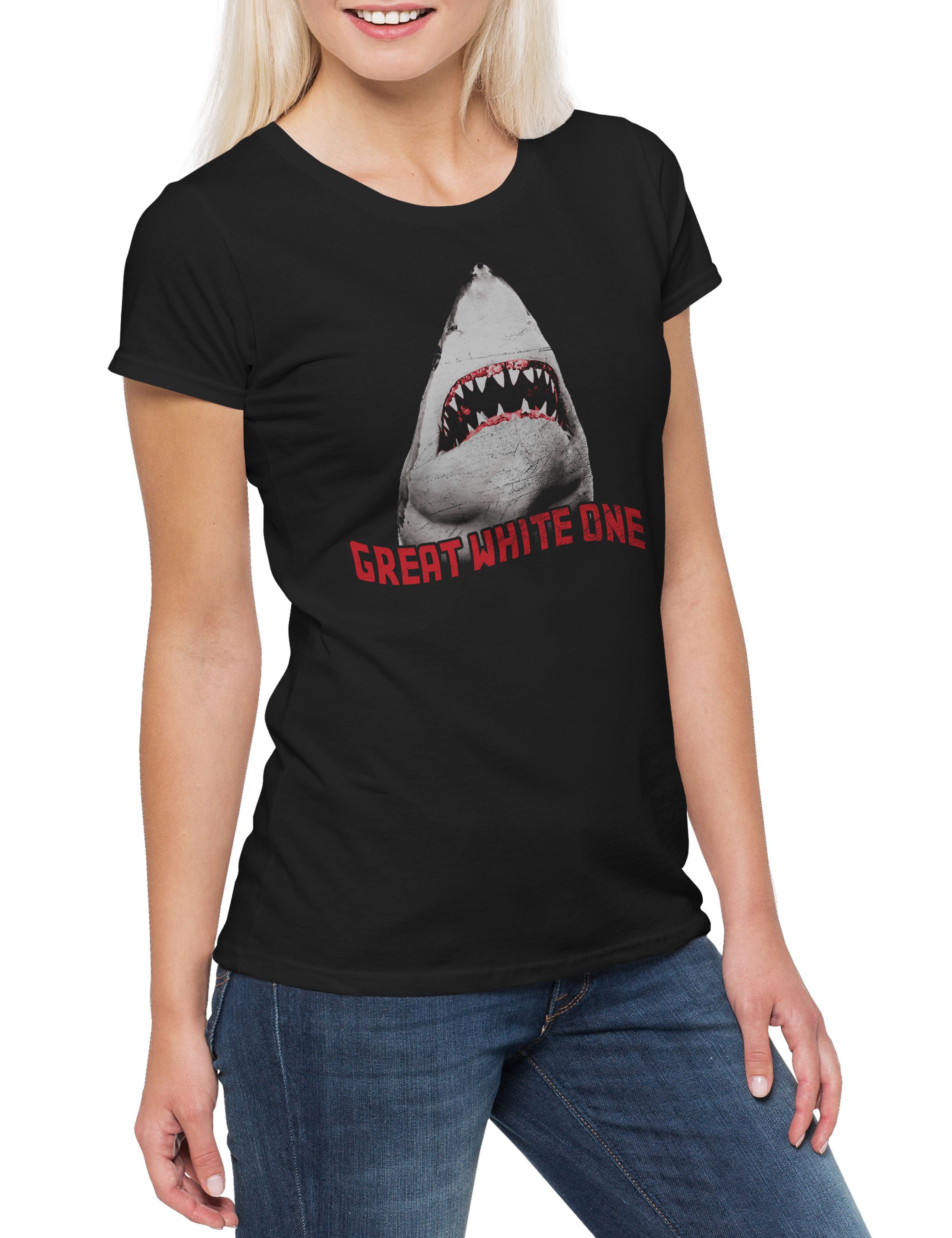 Print-Shirt White Shark II Damen T-Shirt Weißer Hai Jaws Surfer Taucher Weiße