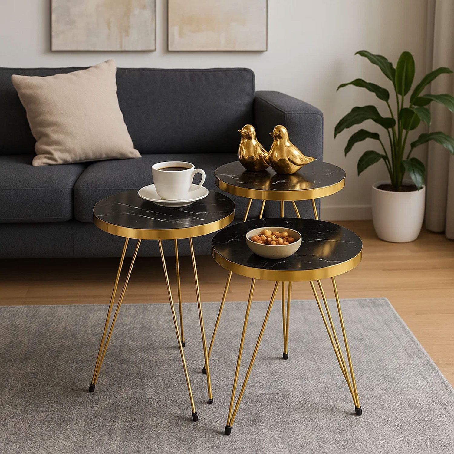 Jungengel Beistelltisch Set 3-teilig rund Marmoroptik Schwarz Gold Modern S günstig online kaufen