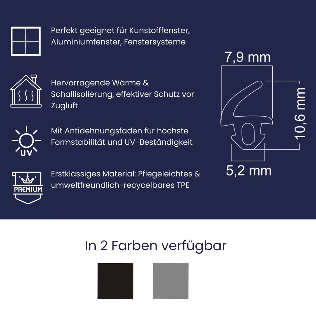 Dikara Dichtungsband Fensterdichtung Aluminium-, Kunststofffenster Höhe 10,6mm Nut 5,2mm, Antidehnungsfaden, TPE