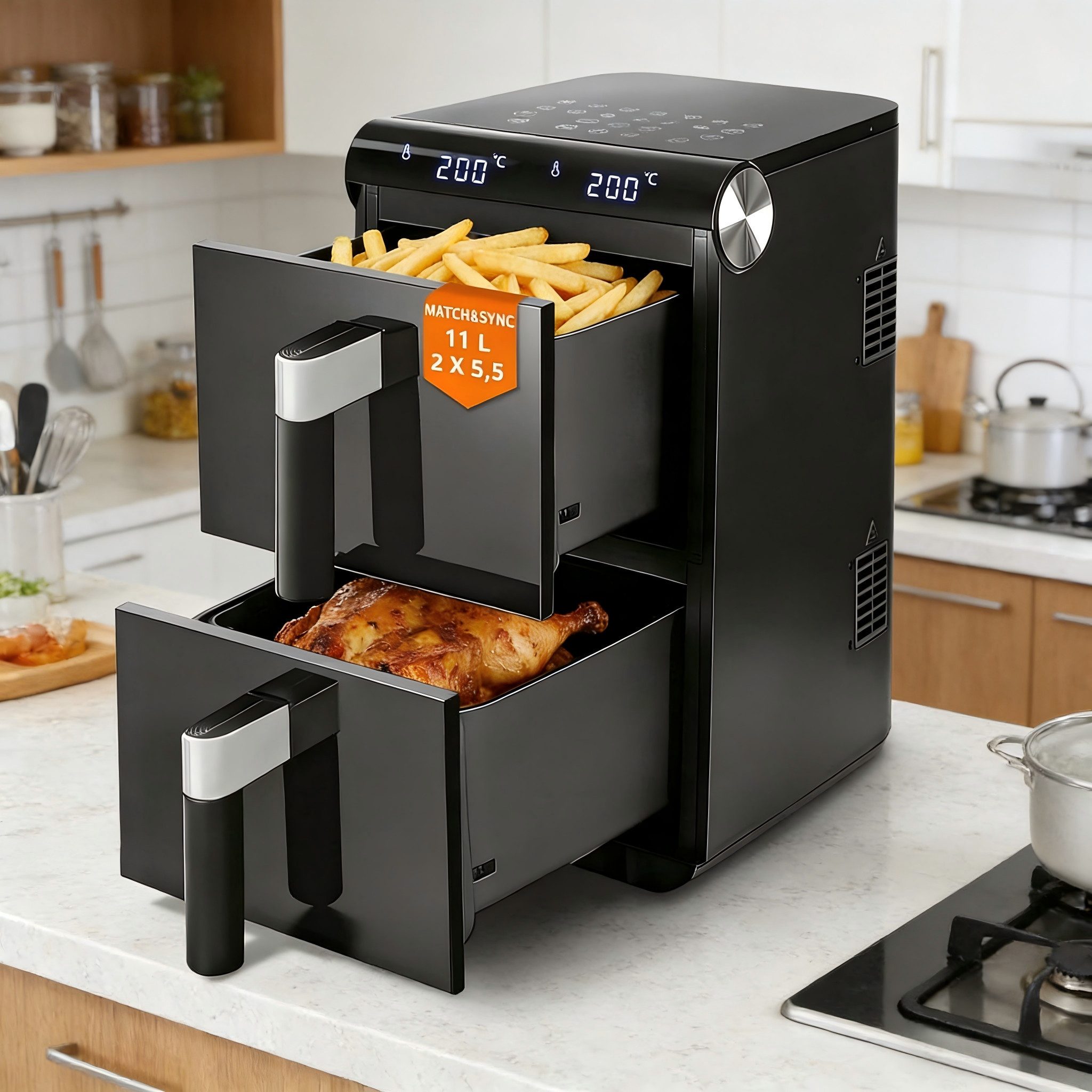 ZMH Heißluftfritteuse XXL Doppelkammer Airfryer 11L mit 13 Kochprogramme Dual Zone, 2800 W, 2 x 5,5L Heissluftfritteuse mit Sichtfenster, Touchdisplay, Ohne ÖL