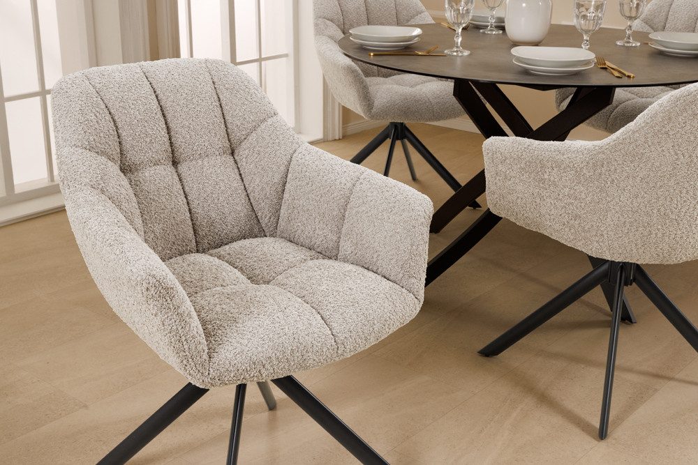 riess-ambiente Polsterstuhl PAPILLON greige/schwarz – Bouclé-Bezug, mit Armlehne, Metall (Einzelartikel, 1 St), 180° drehbar & automatischer Rückführung – ideal für Esszimmer & Büro