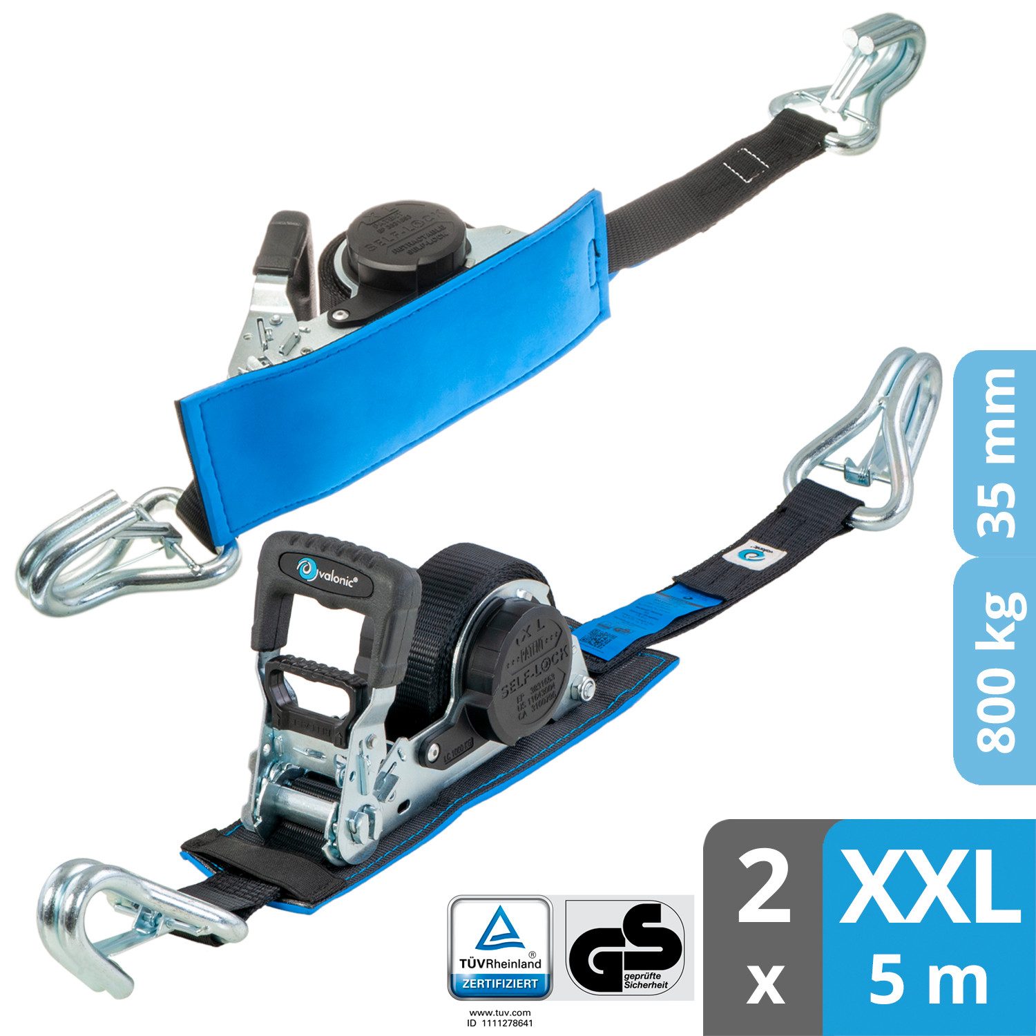 valonic Spanngurt Spanngurte Automatik Ratsche SG-055-50 (2 Stück, 5m) - GRIZZLY