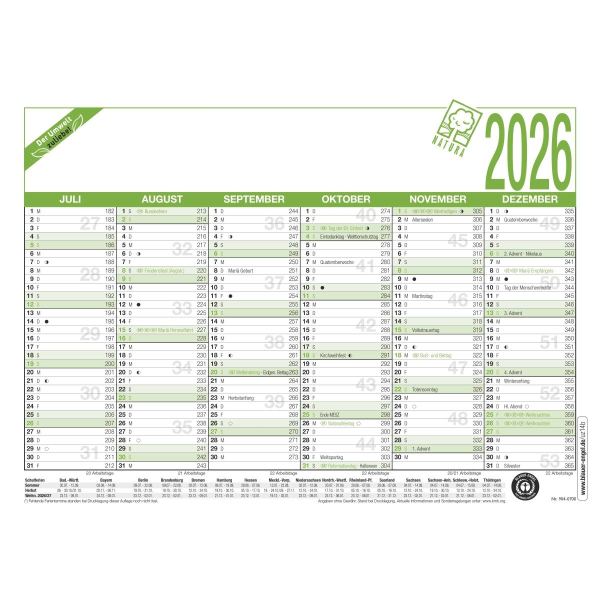 ZETTLER Terminplaner Arbeitstagekalender 904 A5 21x14,8cm Recycling 2026