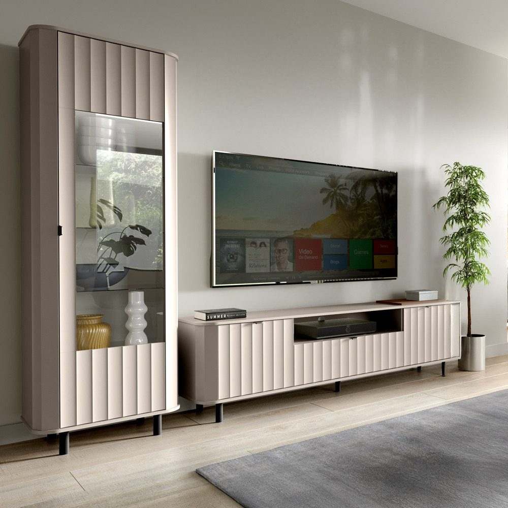 Lomadox Wohnzimmer-Set NASHVILLE-161, (Mega-Spar-Set, 2-St., Vitrine Lowboard), Wohnzimmer-Set in Taupe, mit Wellen-Optik, modern