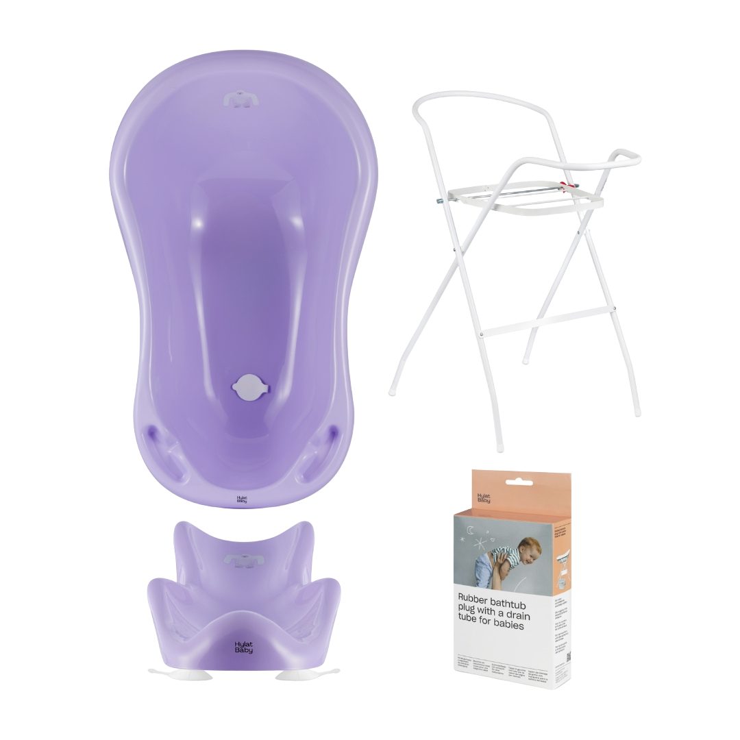 Hylat Baby Babybadewanne Badewannen-Set mit TÜV – Wanne, Sitz, Ständer, Ablauf, 4-tlg. Baby Bade-Set mit TÜV & Ablauf, Yeti - Lila
