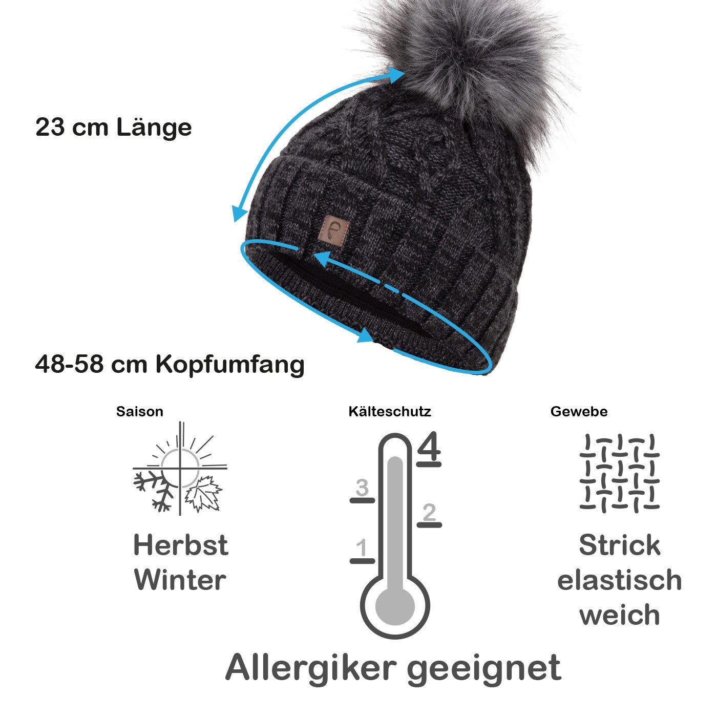 Faera Bommelmütze Wintermütze Damen Herren Mütze Beanie Haube gefüttert Bommelmütze