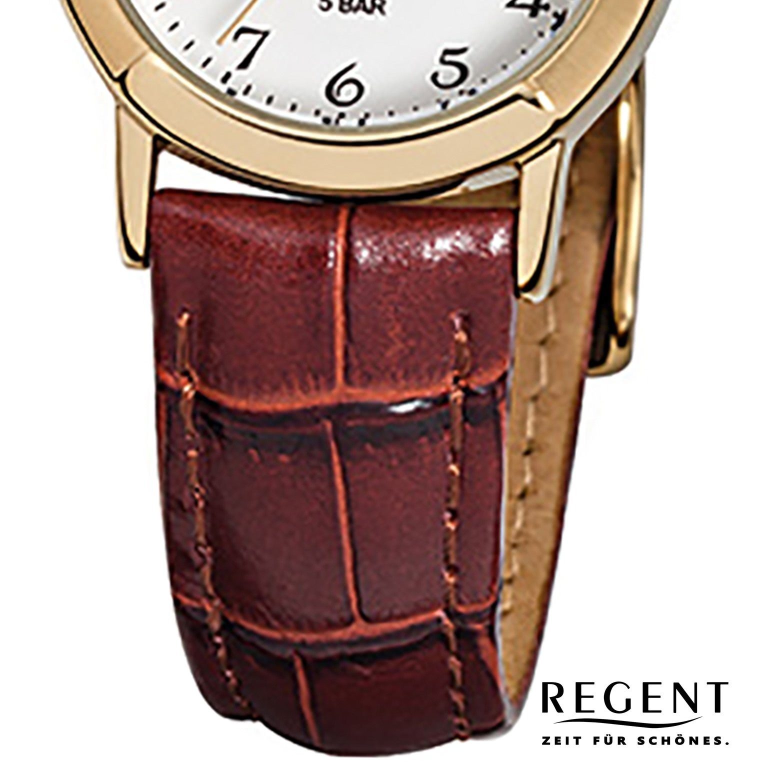 Regent Quarzuhr Regent Damen-Armbanduhr 25mm), Analog braun Lederarmband klein (ca. rund, Damen F-575, Armbanduhr