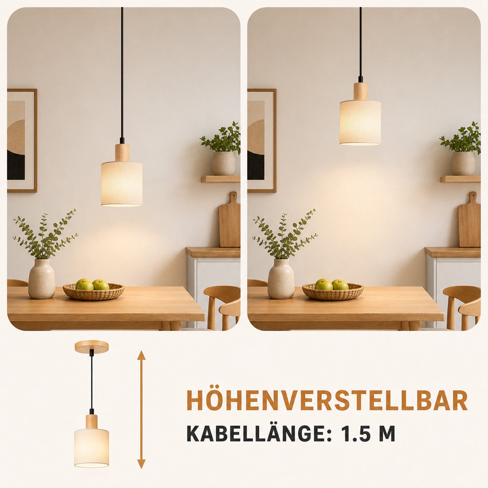 Nettlife Pendelleuchte 1/3/4flammig E14 Holz Stoff Schirm Weiß rustikale Deckenlampe, ohne Leuchtmittel, Küche Wohnzimmer Restaurant Schlafzimmer Flur – Bild 5 von 5