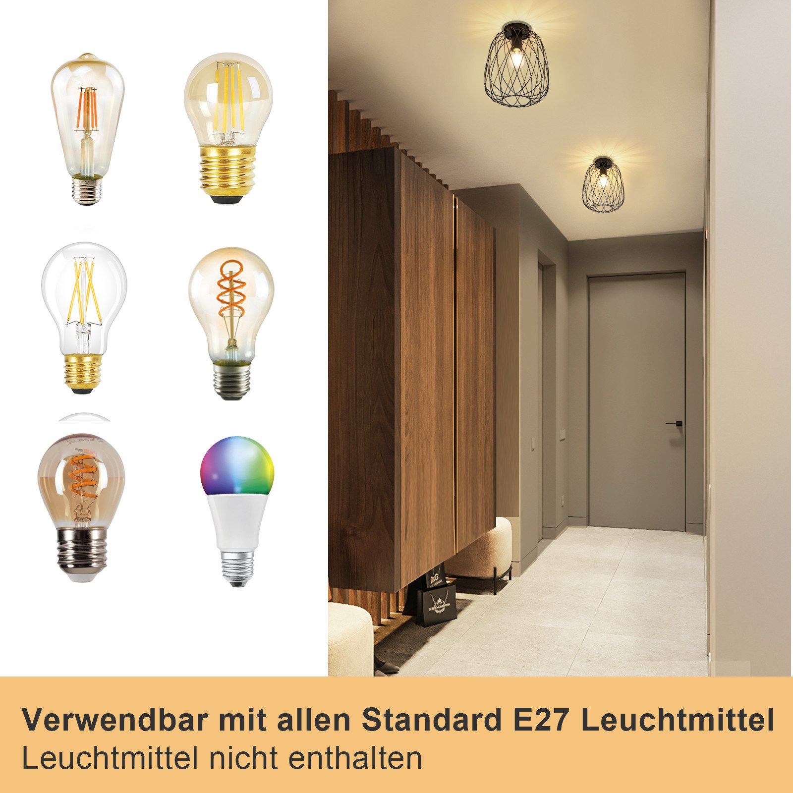 Nettlife Deckenleuchte Schwarz Vintage Kaefig Deckenstrahler E27 Lampenfassung Metall, LED wechselbar, Einzeln Esszimmerlampe für Wohnzimmer Küche Schlafzimmer  – Bild 5 von 5