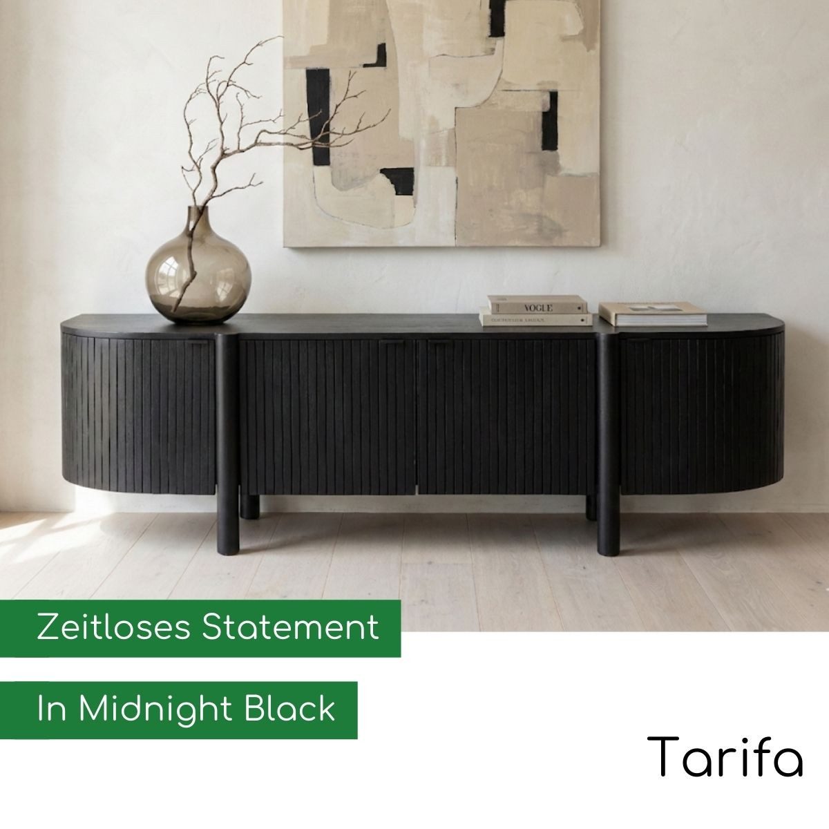CASA DOMA Lowboard Tarifa, TV-Unterteil, Mangoholz massiv, schwarz, Lamellen-Optik, 4 Türen, Kabeldurchlässe, Stauraum, robust, pflegeleicht