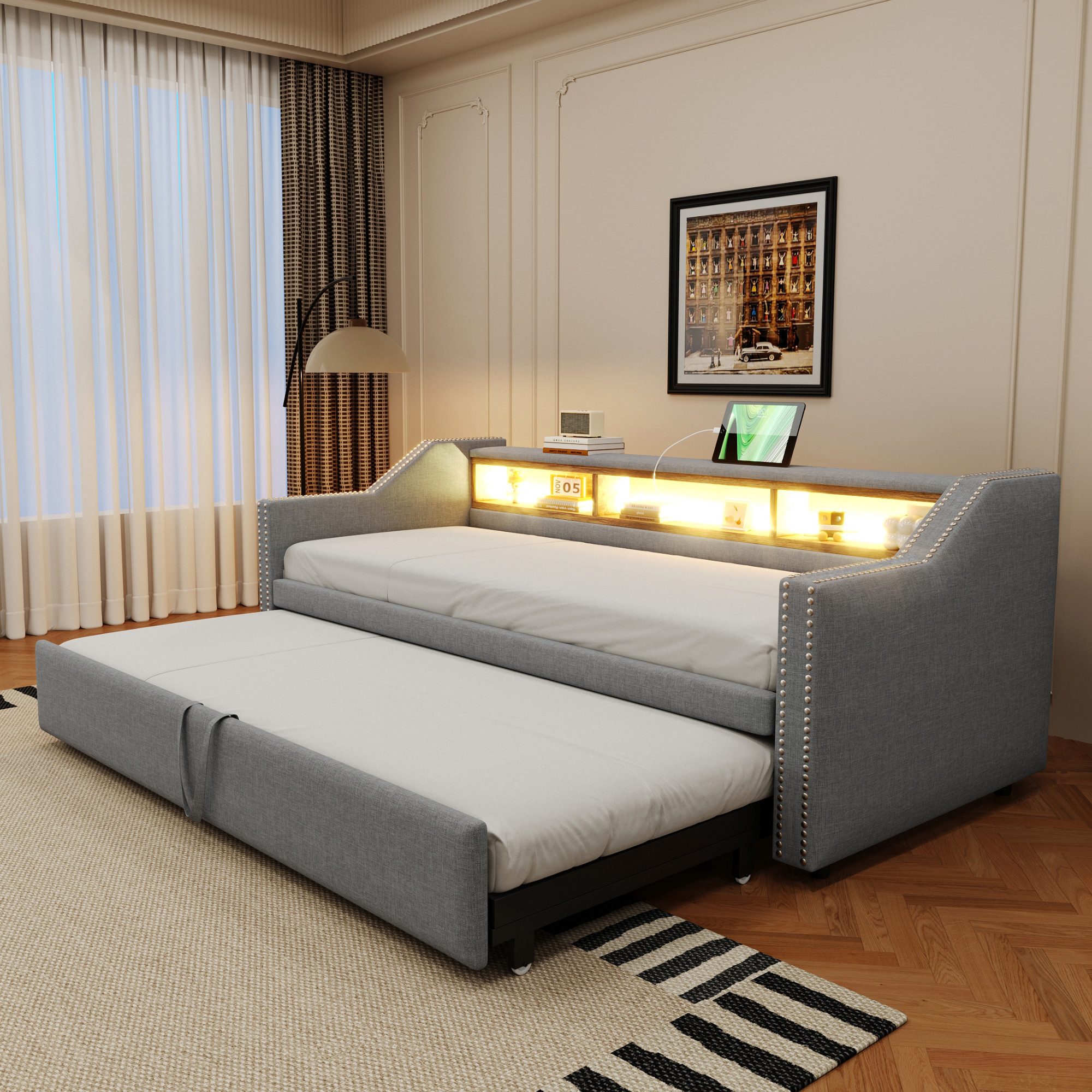 Merax Daybett, Polsterbett mit Ausziehbett, Schlafsofa mit LED und USB, 90/ günstig online kaufen