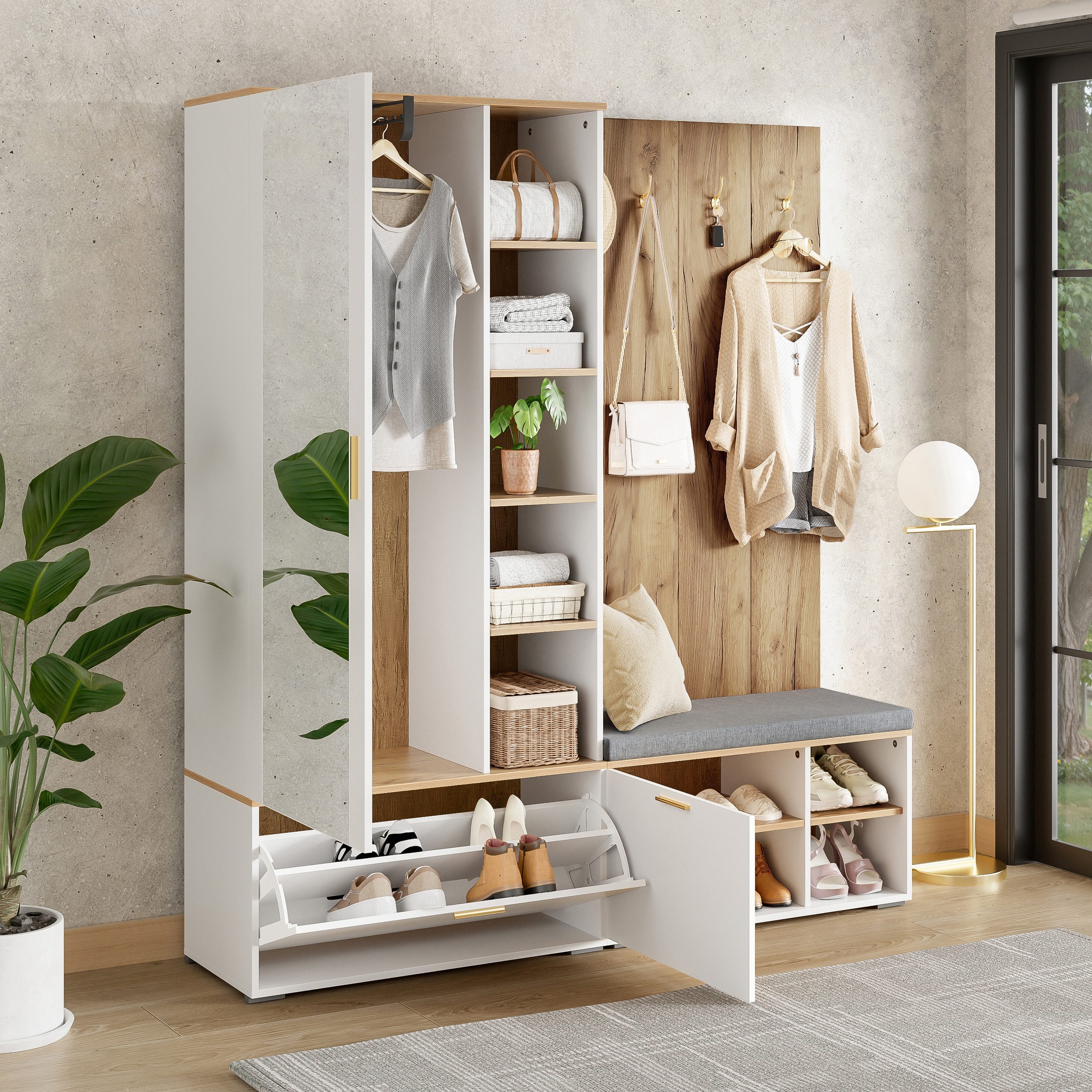 Merax Garderoben-Set Garderobenset, Schuhschrank mit Klappen, Sitzbank, (1-St., Kleiderschrank mit ausziehbarer Kleiderstange, 4 Haken, Spiegel), Garderobenstän – Bild 3 von 5