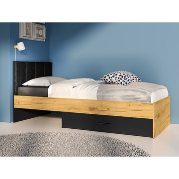 Lomadox Kinderbett CASPER-131, 90x200cm, Velours-Kopfteil, schwarz mit Eiche