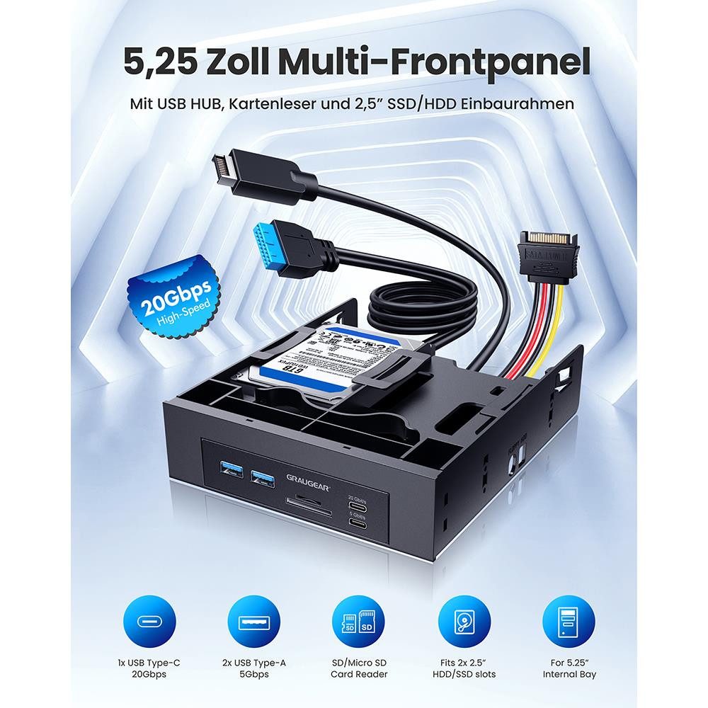 GRAUGEAR Einbaurahmen 5,25“ Frontpanel, USB-C HUB, Kartenleser, 2,5" SATA SSD Einbaurahmen