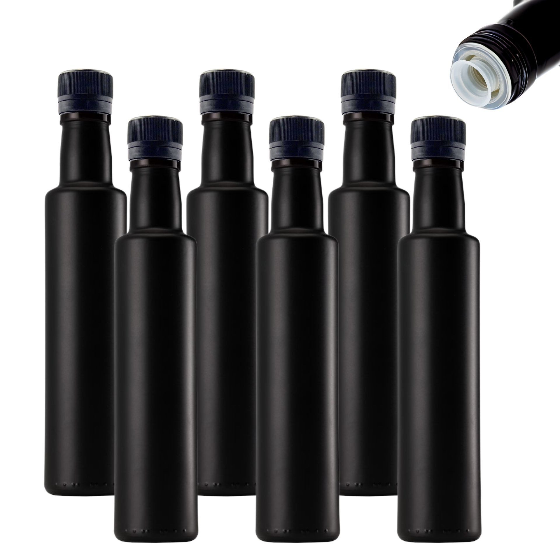 Ölspender 6er-Set Ölflaschen 250 ml schwarz mit Ausgießer & Schraubdeckel