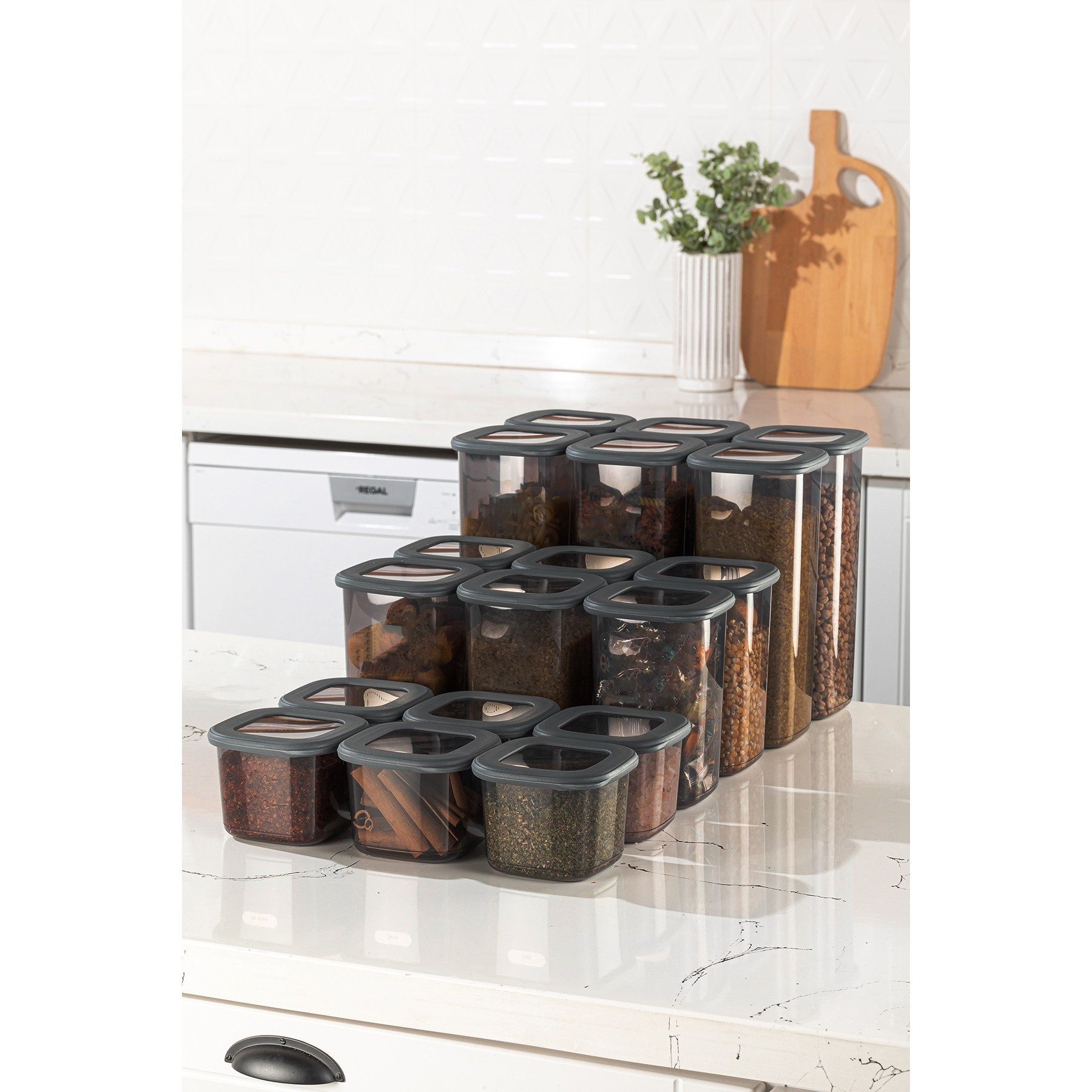 Hermia Concept Vorratsdose 100% PLASTIC, 10 x 10 x 9,5 cm/ 550 ml (6 Pieces) M5386, Kunststoff, (18-tlg., 18 Teilen Aufbewahrungsboxen-Set), 100% Kunststoff Anthrazit spülmaschinenfest Mikrowellengeeignet