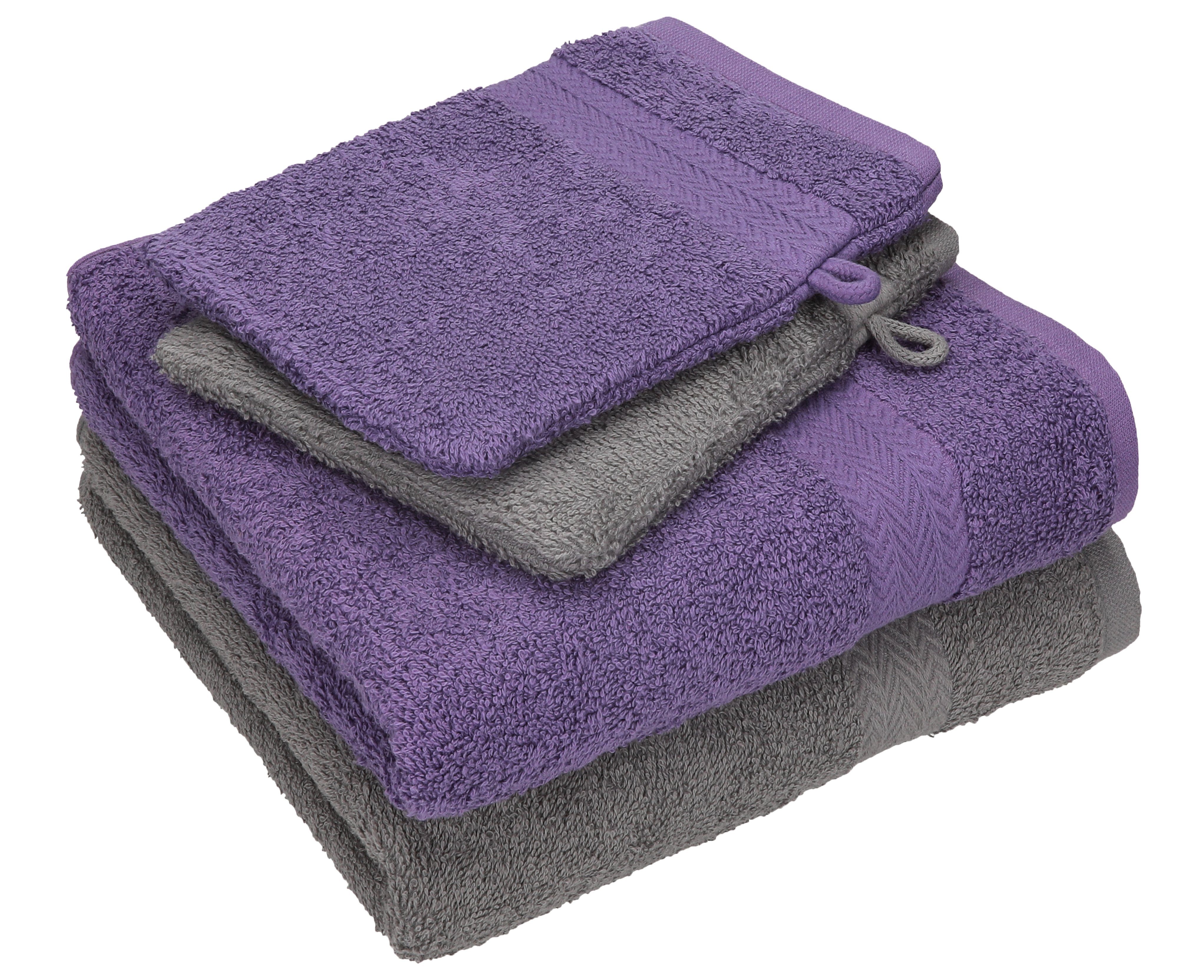 Betz Handtuch Set 4 TLG. Handtuch Set Happy Pack 100% Baumwolle 2 Handtücher 2 Waschhandschuhe, 100% Baumwolle anthrazit grau - lila