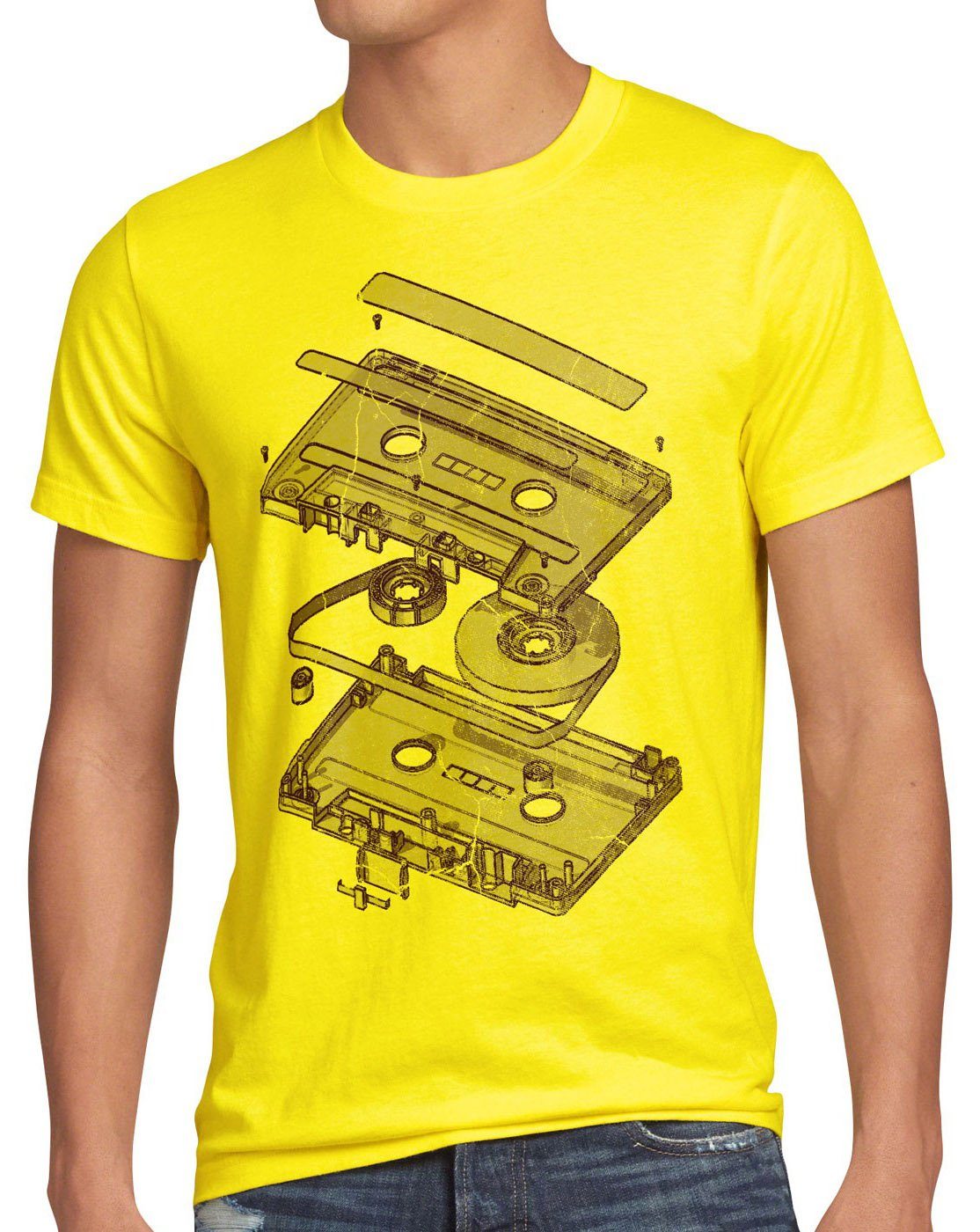 style3 Print-Shirt Herren T-Shirt Tape Kassette mc dj 3D turntable ndw analog disko cd 80er vinyl gelb