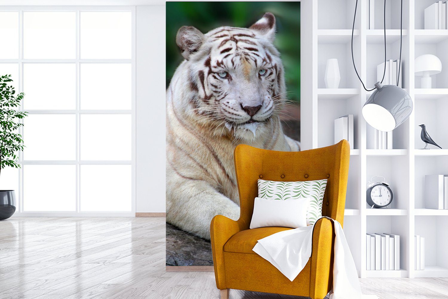Baumstamm Weißer - St), für Tiger bedruckt, Schlafzimmer (2 Vliestapete Fototapete Fototapete Küche, Wald, MuchoWow Matt, - Wohnzimmer