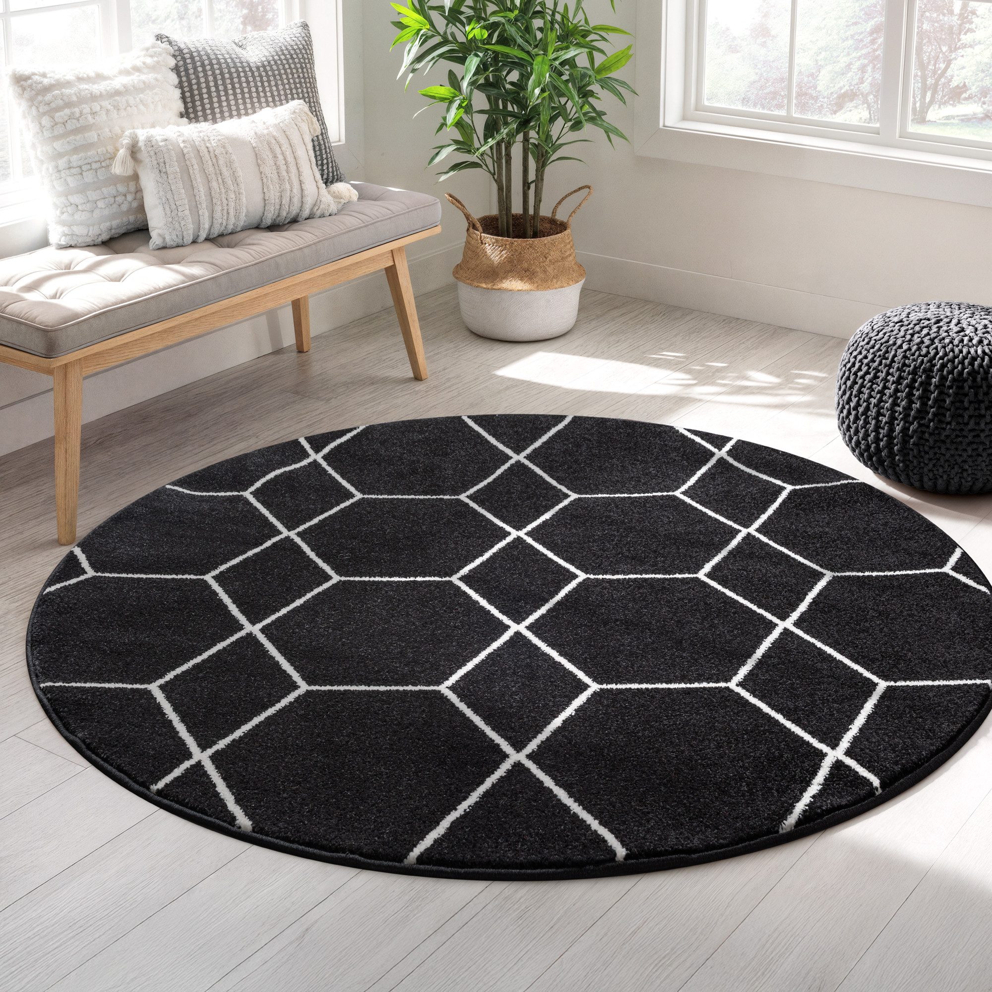 Sanat Teppich Trellis, auch als Läufer und Rund, rund, Höhe: 10 mm, Kurzflor, skandi, boho, große Farbauswahl, alle Räume