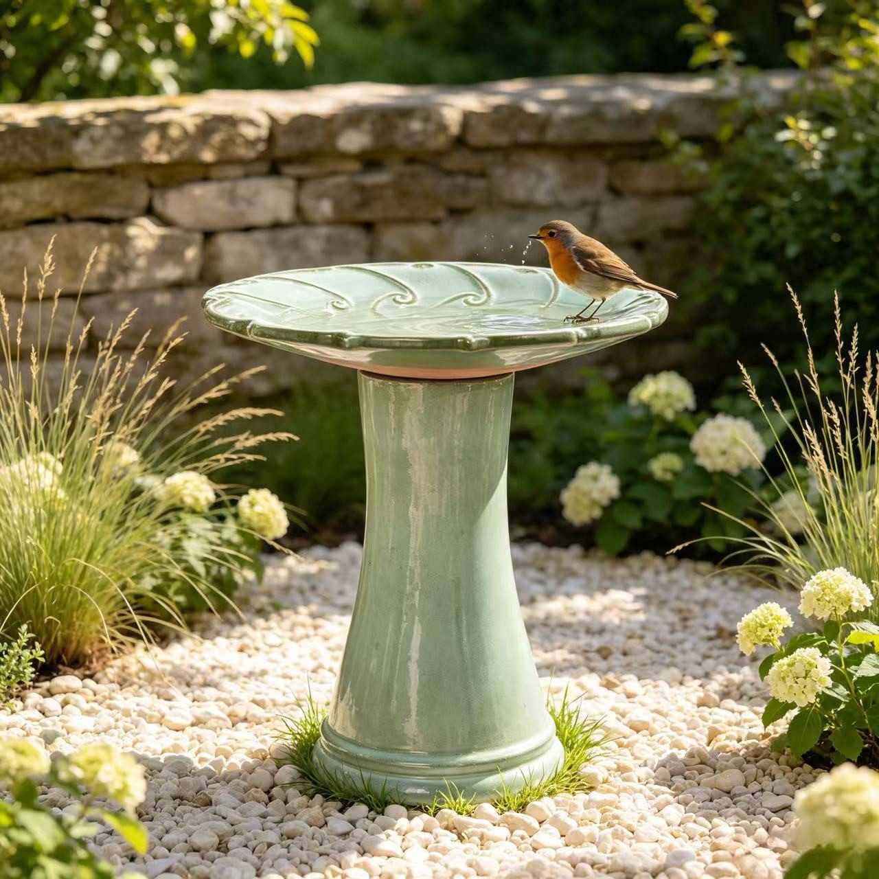 LVHOM Vogeltränke Halbhandgefertigtes Keramik Vogelbad, Wirrelrelief, Ø 43cm, wetterfest, Stilvolles Wassergefäß für Deko, Pflanzen, Garten, Terrasse, Balkon.