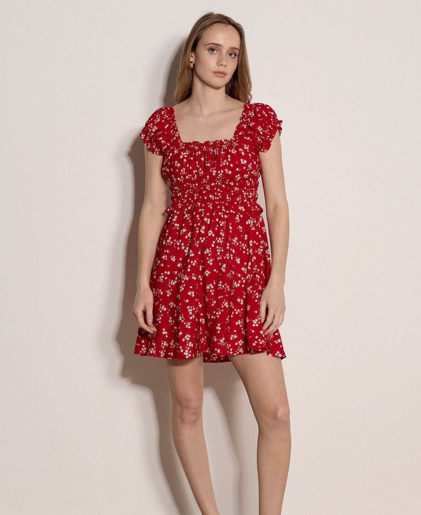 Apricot Minikleid Geblümtes Mini-Kleid mit Rüschen