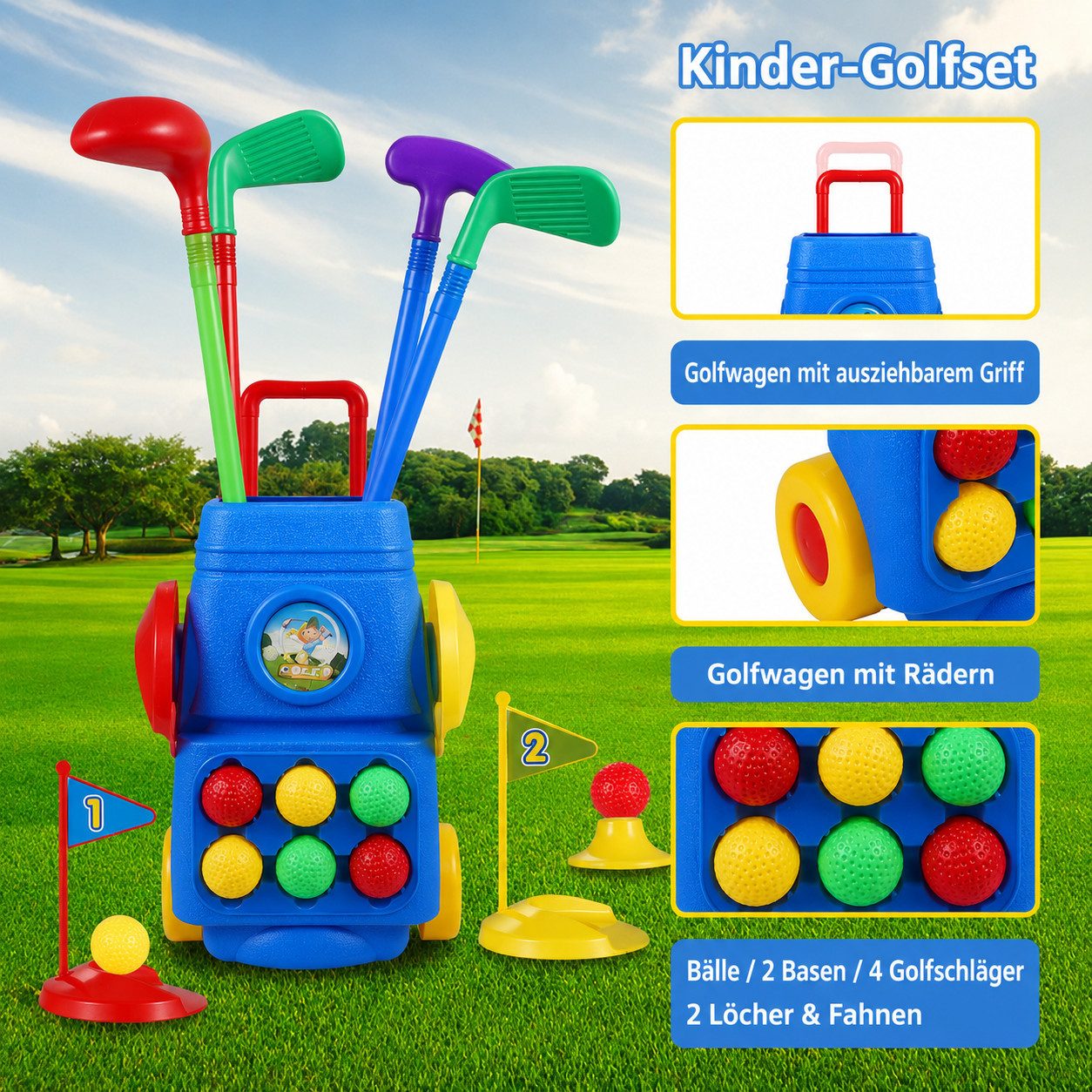 TruWare Spielzeug-Gartenset Kinder Golfset mit Golfwagen – Spielzeug Golf Set mit 4 Golfschlägern, (6 Golfbällen, Lochbasen & Fahnen, Für drinnen & draußen)