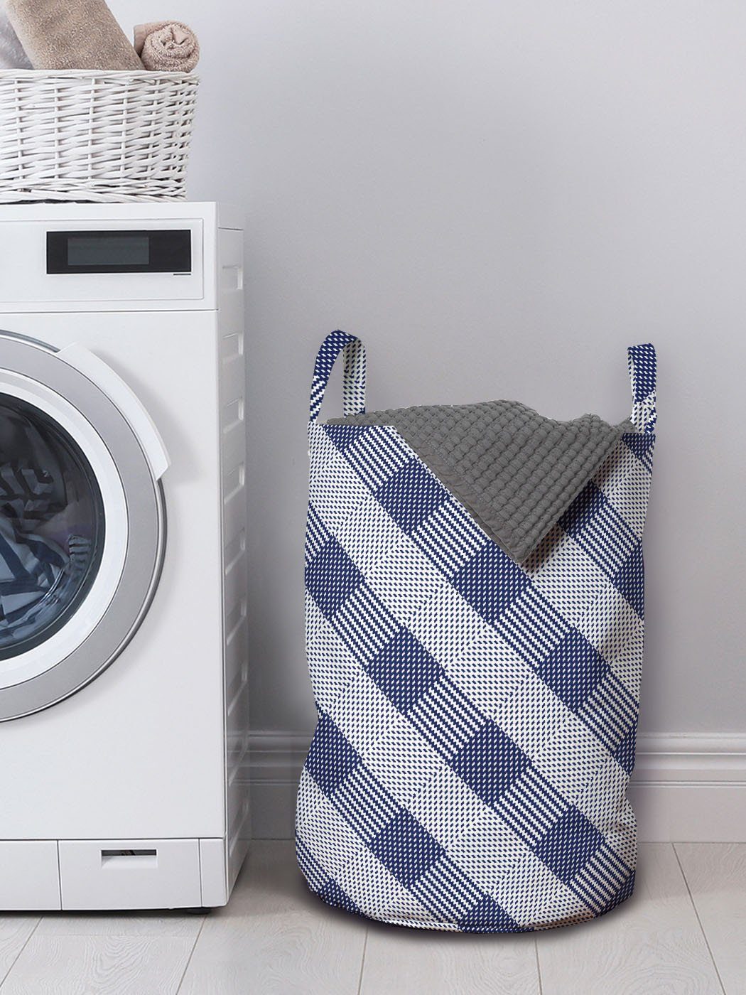 Abakuhaus Waschsalons, Monochromatische Griffen Wäschesäckchen Zigzags Kordelzugverschluss Abstrakt mit Kunst für Wäschekorb