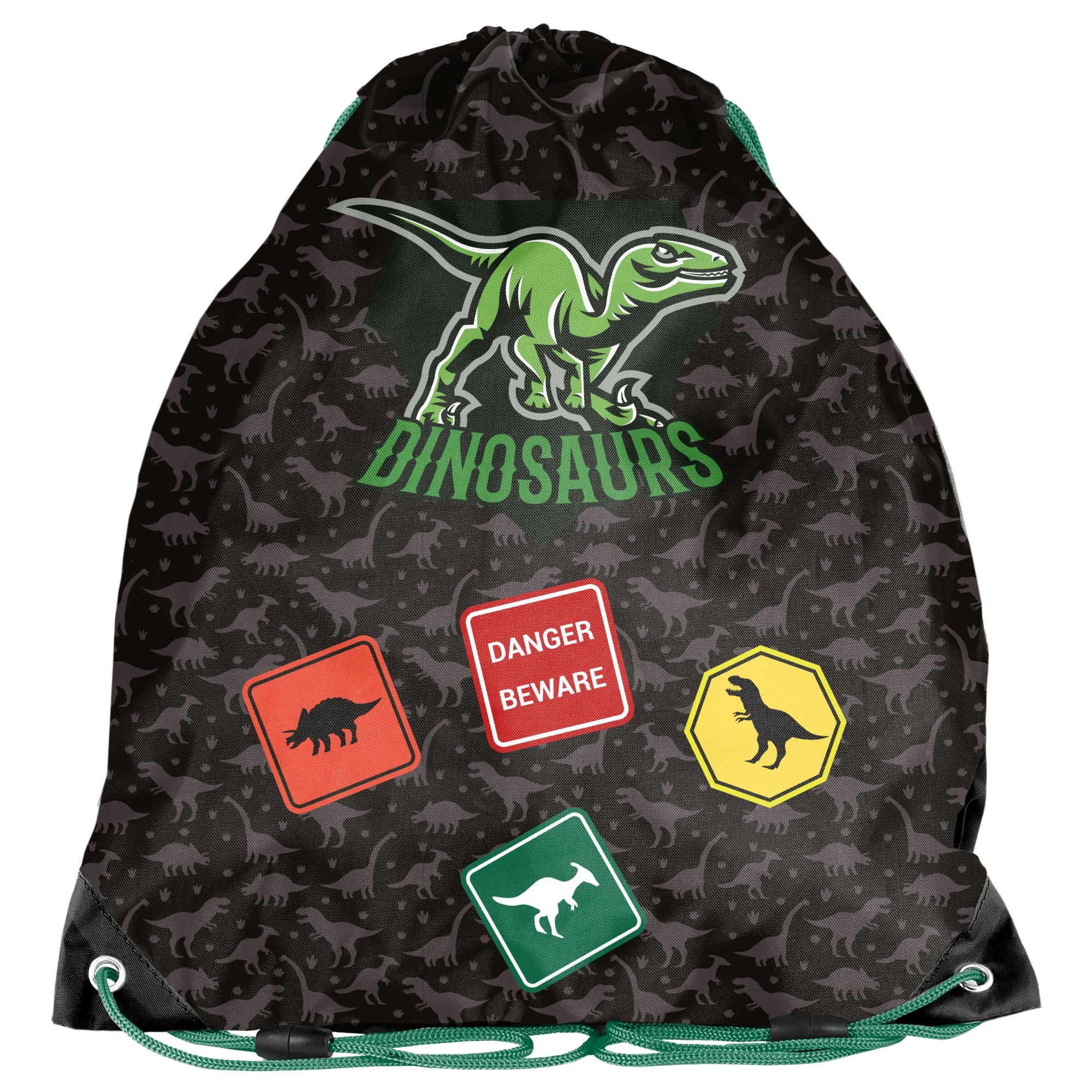 PASO Schulranzen 3-teiliges Schulset: Dinosaurier - schwarz (Rucksack + Tunrbeutel + unbefüllte Federmappe)