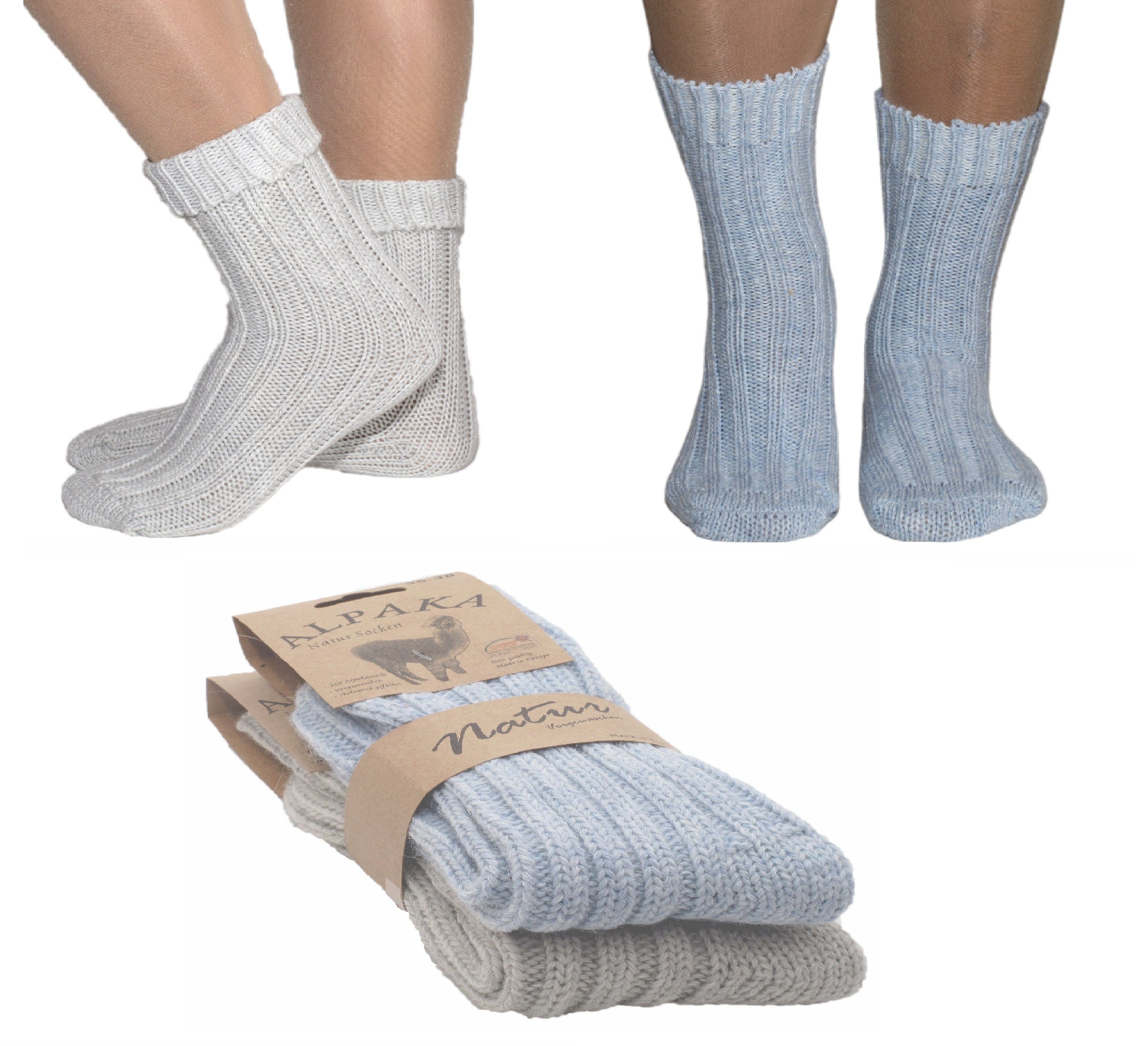 Socken 2er Set (2Paar) Alpaka Socken Wollsocken gestrickt Strümpfe 39-42 Hell