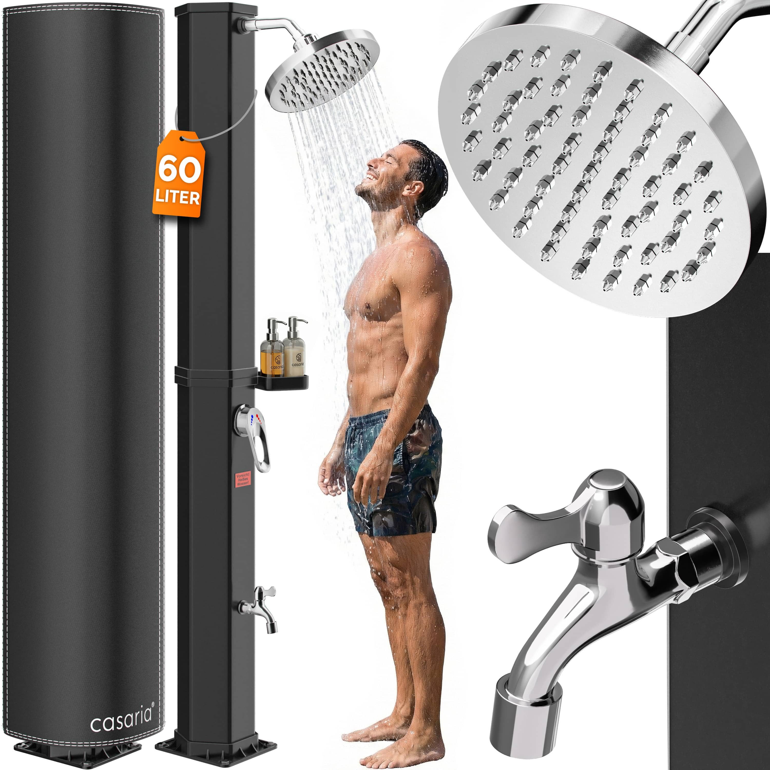Casaria Solardusche, Solardusche 60 Liter UV-beständig Seifen Ablage 105GSM Schutzhaube