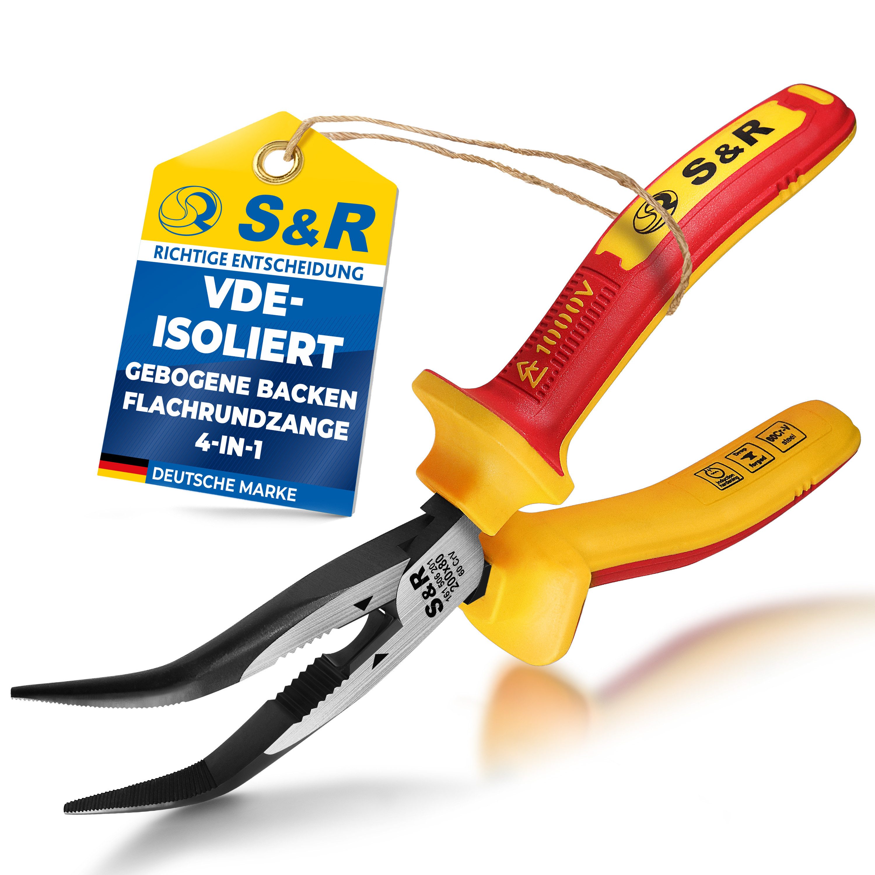 S&R Flachrundzange VDE gebogen, mit Schneide, Spitzzange hitze- und induktionsgehärtet, 1-tlg., Härte HRC 66, 2-Komponenten-Griffe mit Abrutschschutz