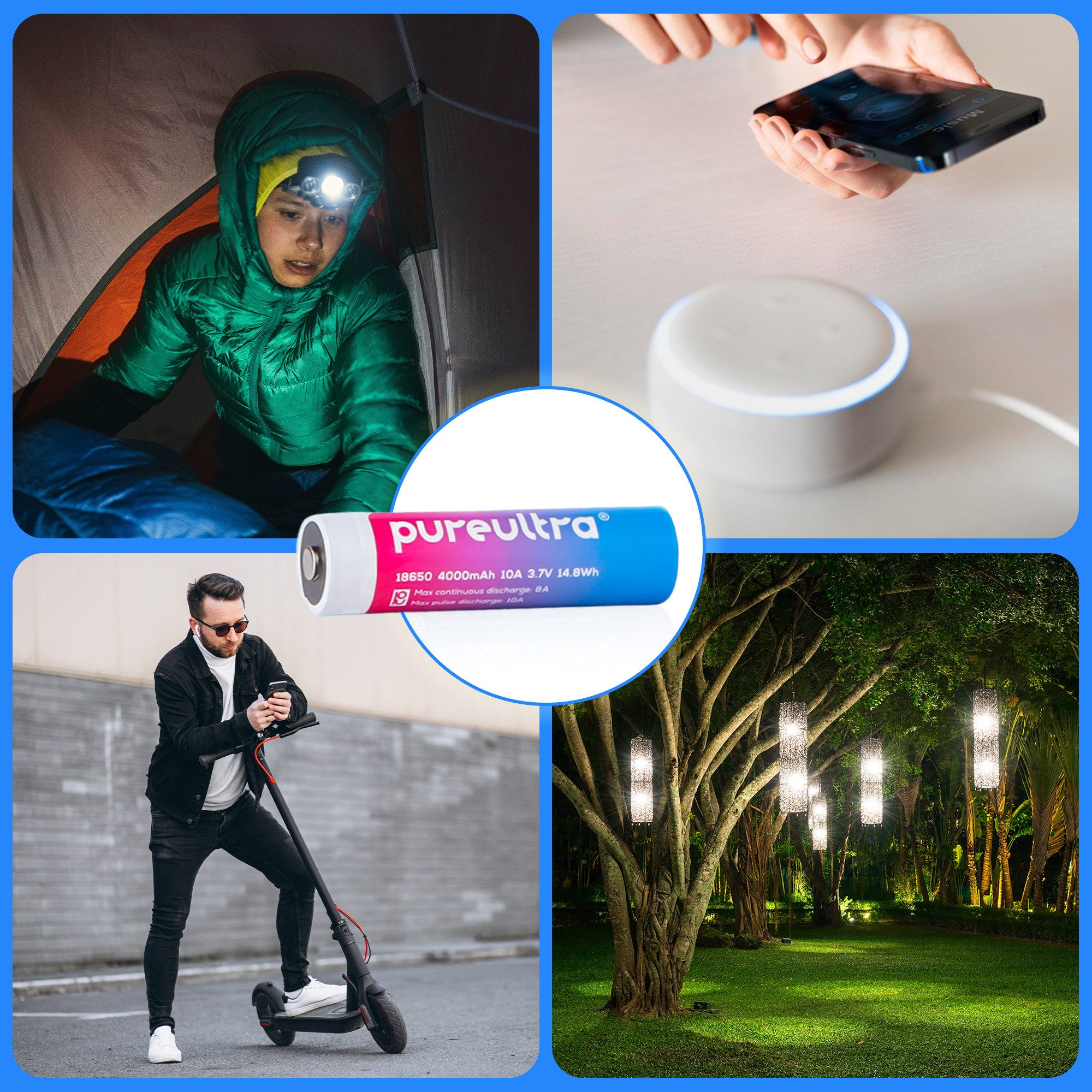 PureUltra Akku 18650 Li-Ion 4000 mAh (3,7 V), geschützt, 10 A High Drain für Hochleistungs-Taschenlampen