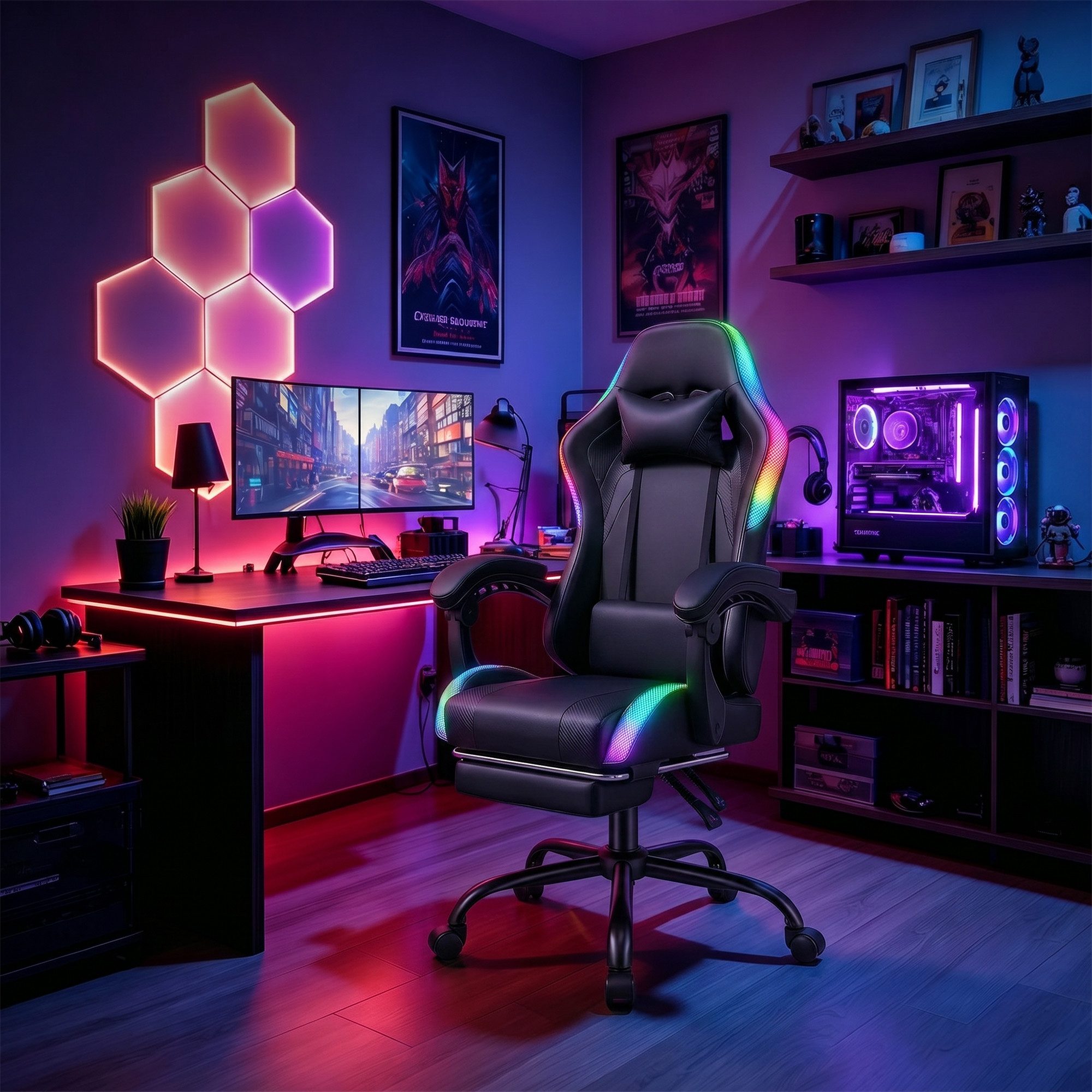 HOMALL Gaming-Stuhl mit LED,Ergonomisch,Fußstütze,computerstuhl,gaming stuhl mit massage, Ergonomischer Bürostuhl,Kopfstütze und Lendenstütze