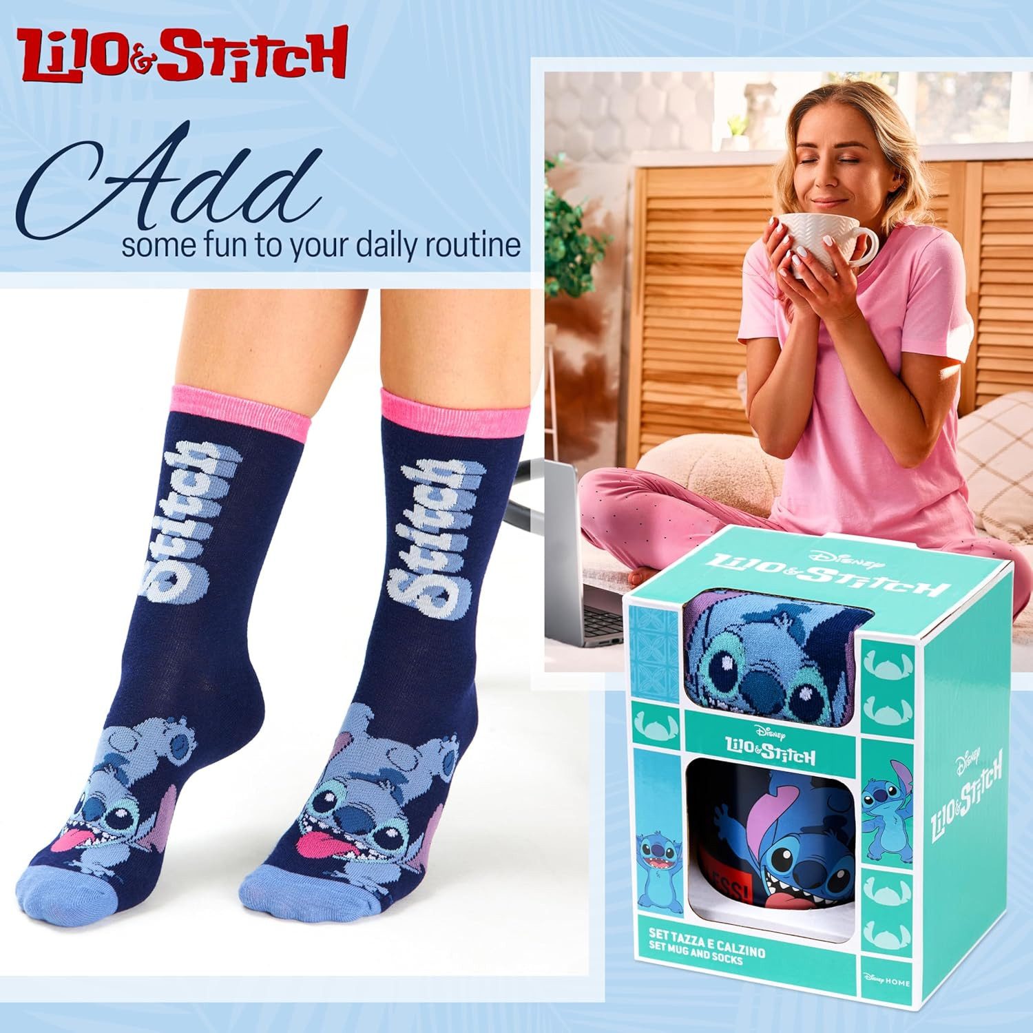 Lilo & Stitch Plüschfigur Disney Stitch Tasse und Socken Geschenk Set (Marine)