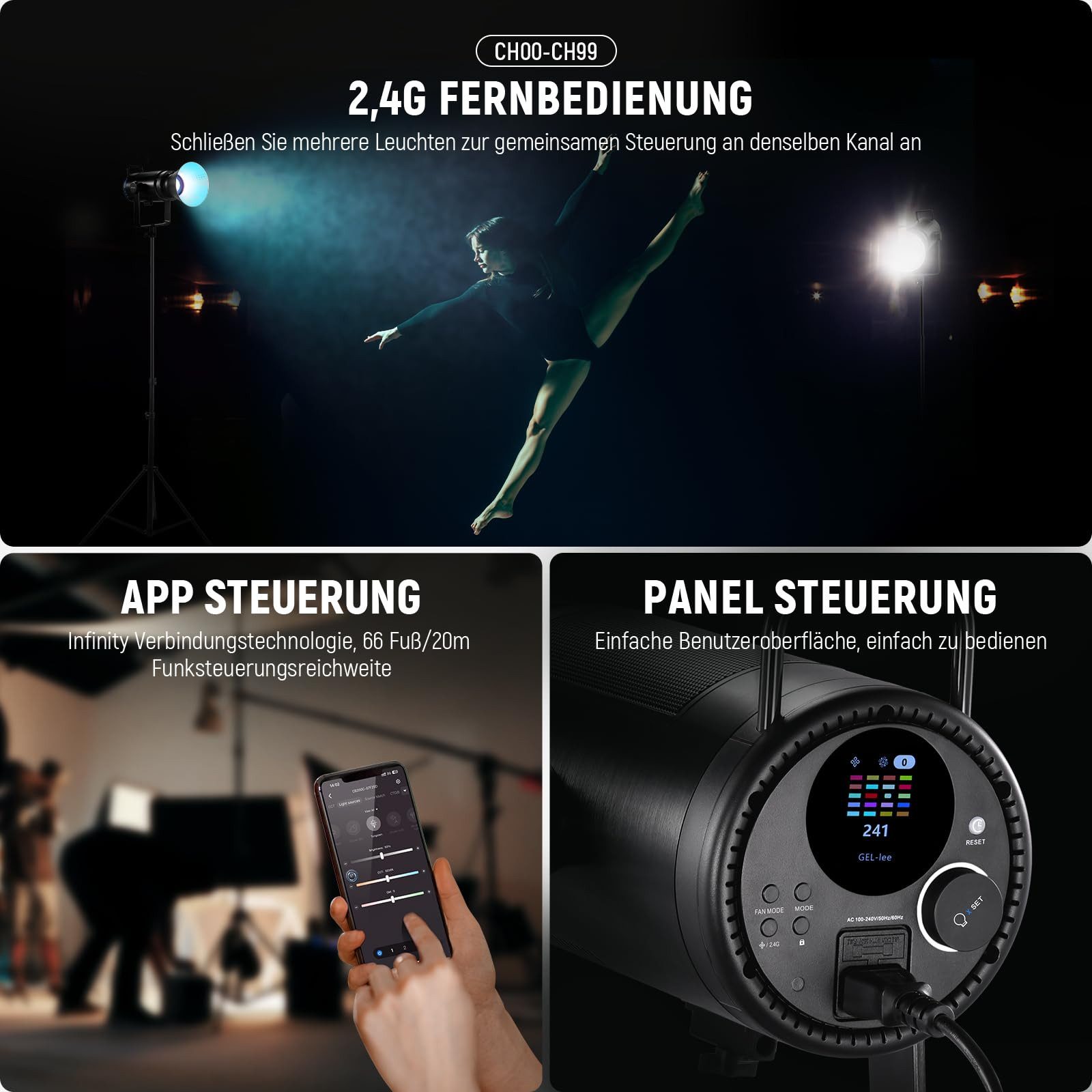 Neewer Videoleuchte CB200C 200W RGBWW COB LED Videolicht, APP/2.4G Steuerung, 2500K-7500K, 23000Lux, Bowens Mount, Leise Dauerlicht für Fotografie – Bild 4 von 5