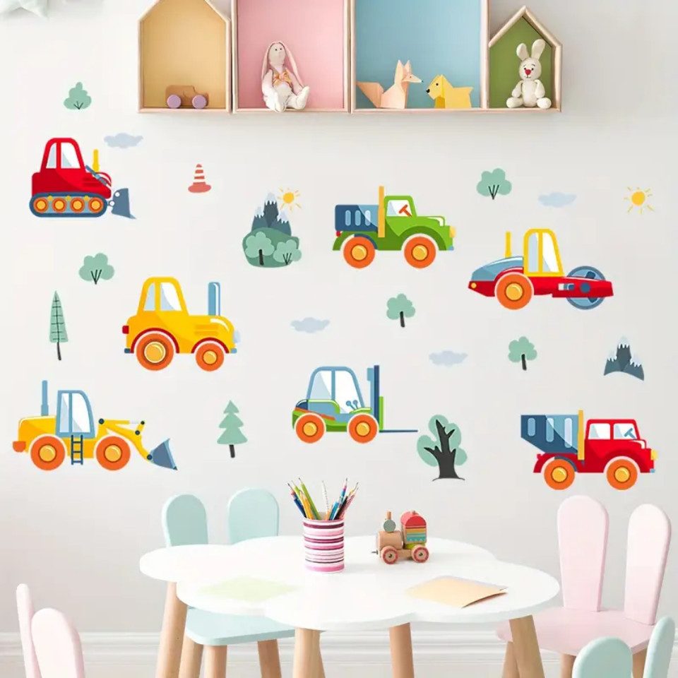 Montegoni Wandsticker Lustiger Wandaufkleber für Baufahrzeuge – selbstklebender PVC Aufklebe (Autoaufkleber), Perfekt für Kinderzimmer, Wohnzimmer und Wohnheimdekoration